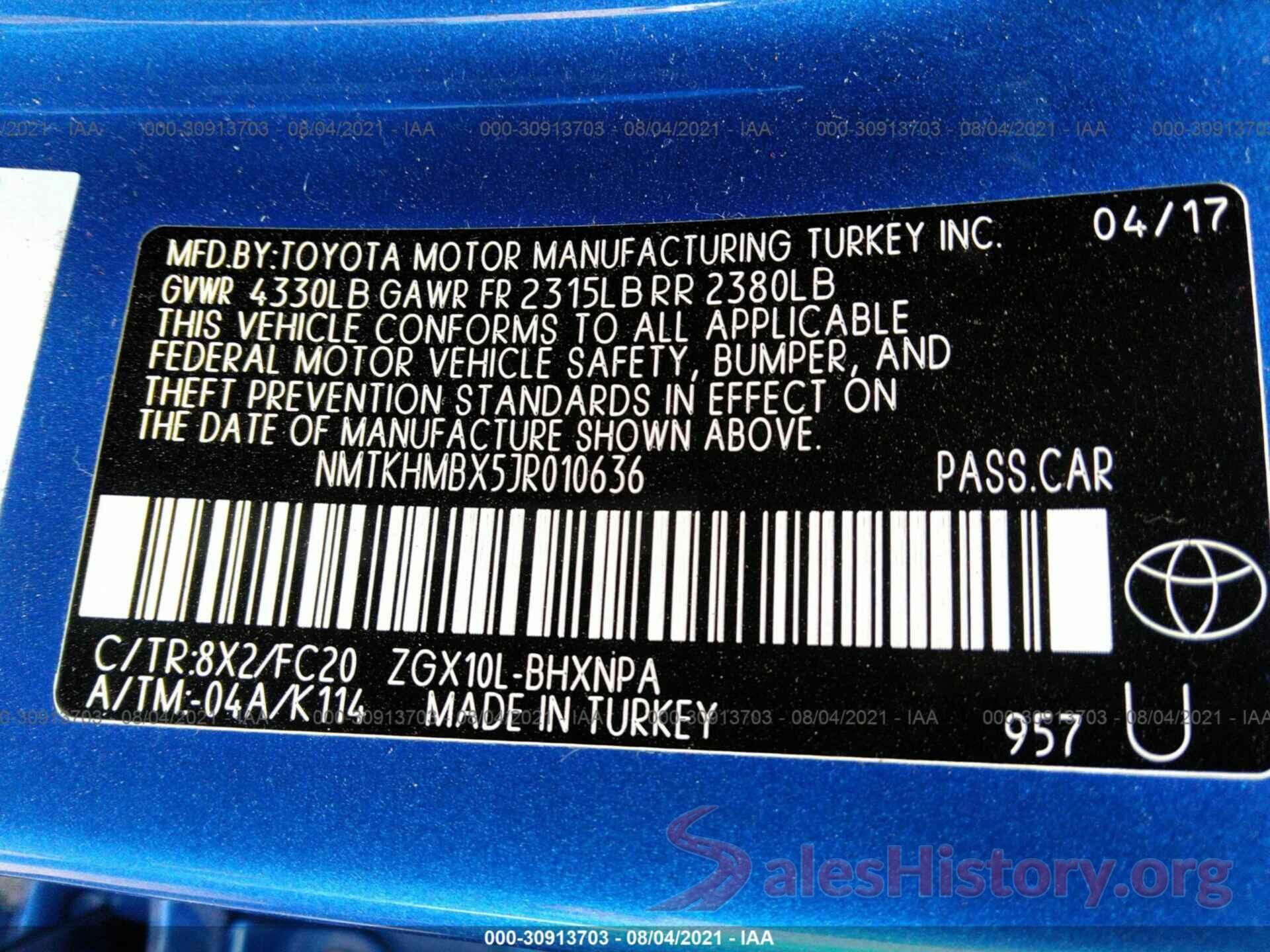 NMTKHMBX5JR010636 2018 TOYOTA C-HR