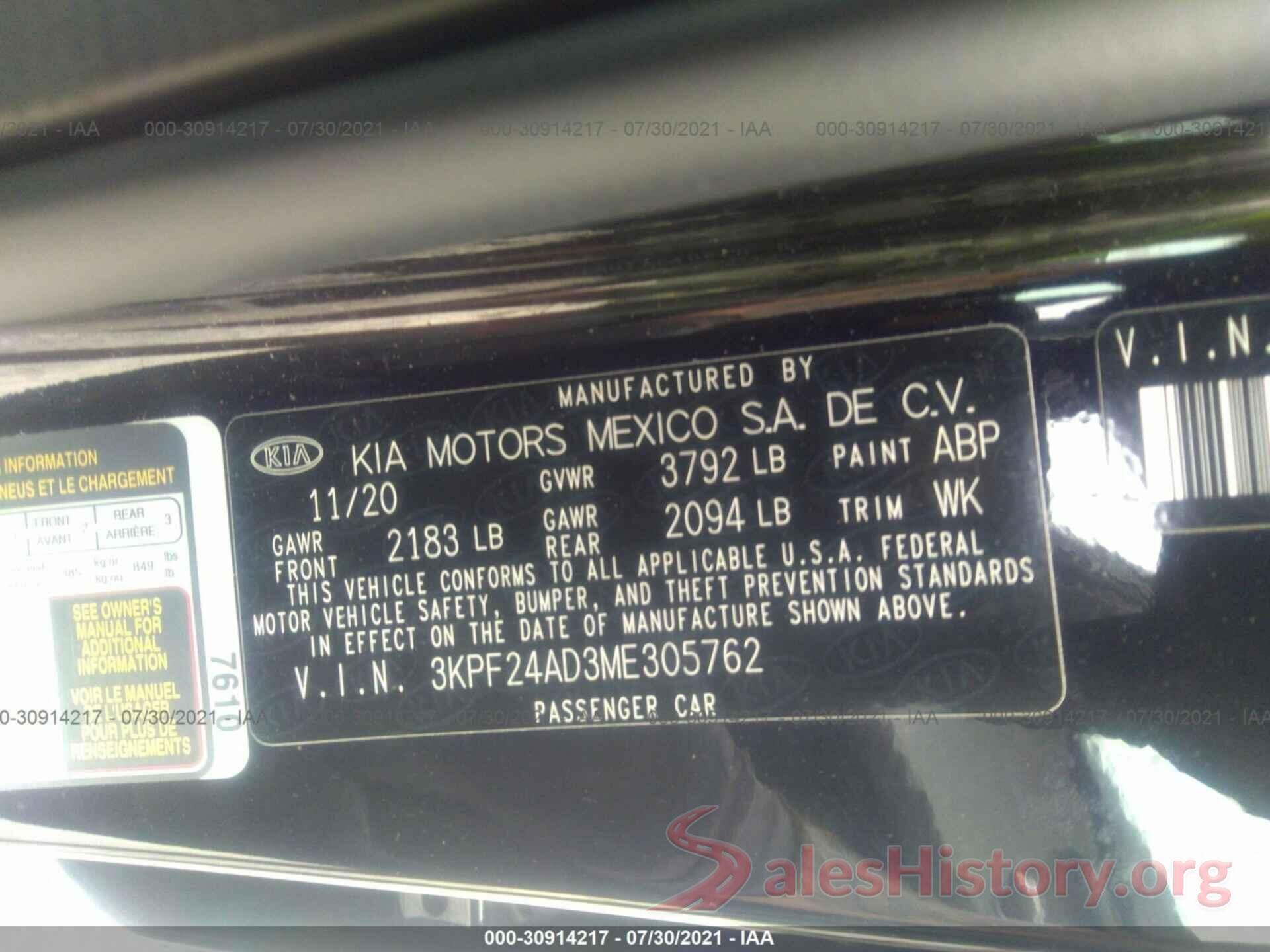 3KPF24AD3ME305762 2021 KIA FORTE