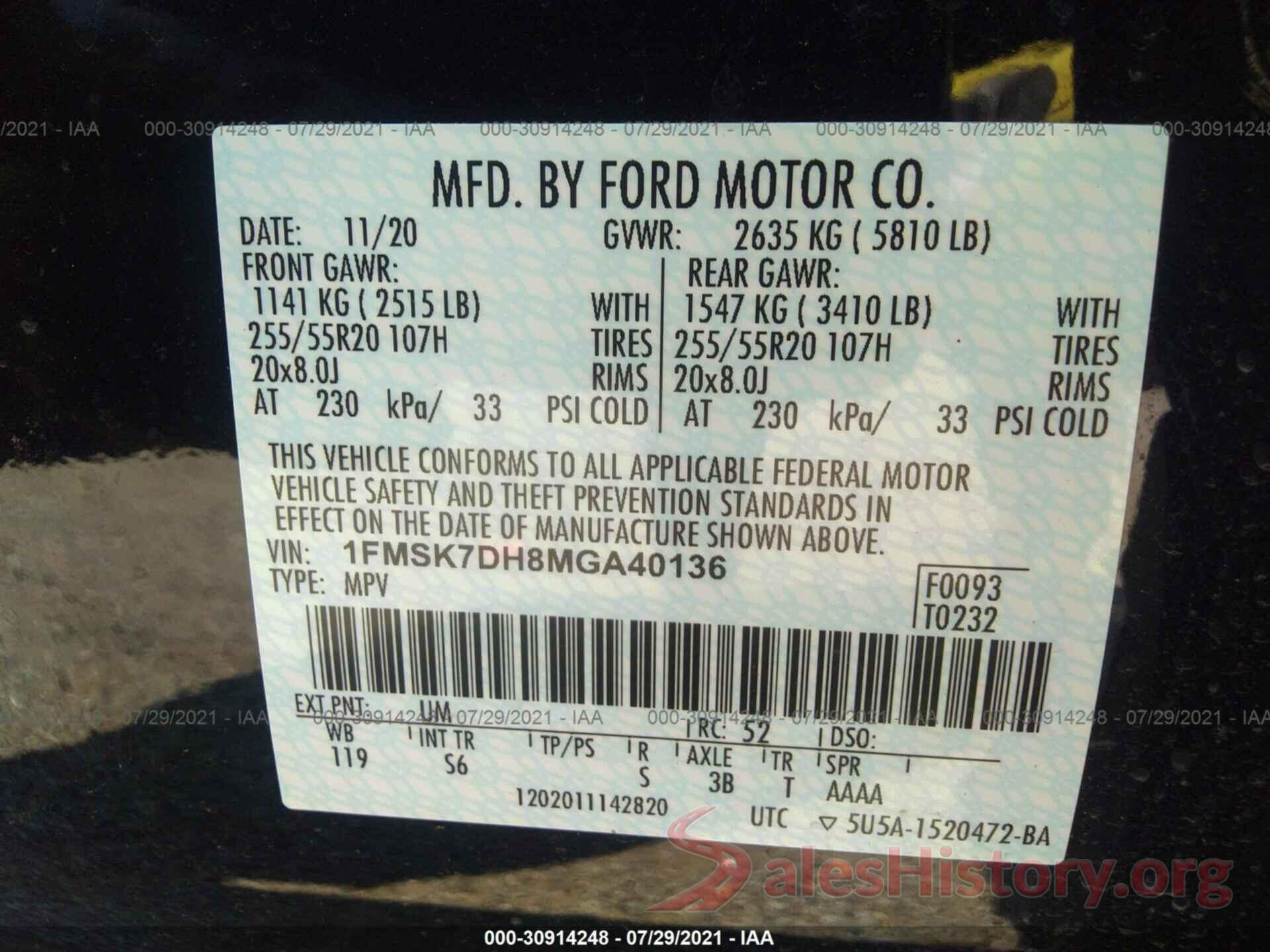 1FMSK7DH8MGA40136 2021 FORD EXPLORER