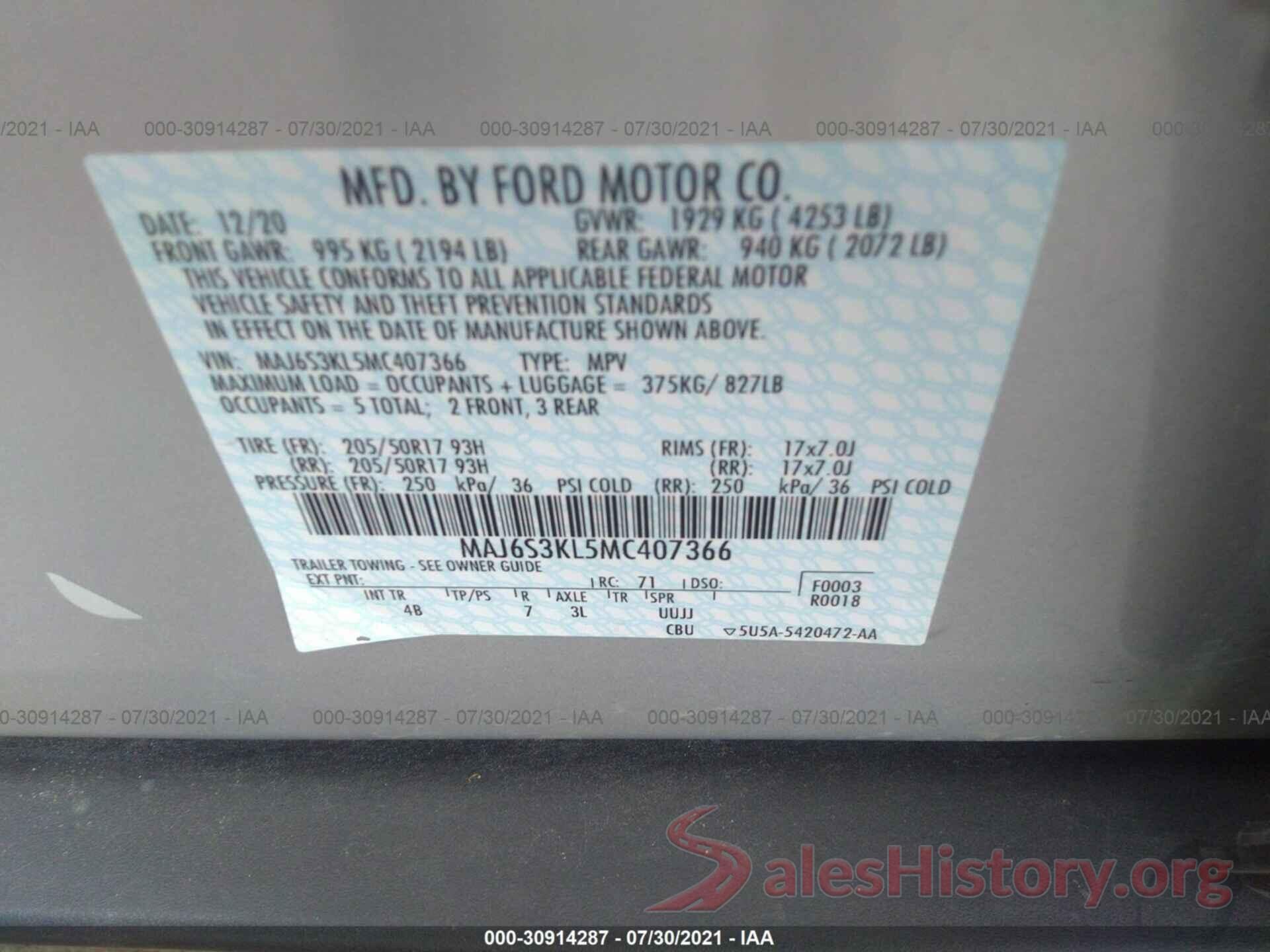 MAJ6S3KL5MC407366 2021 FORD ECOSPORT