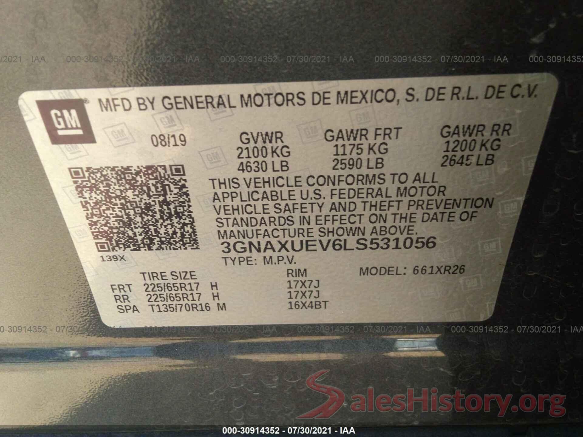 3GNAXUEV6LS531056 2020 CHEVROLET EQUINOX