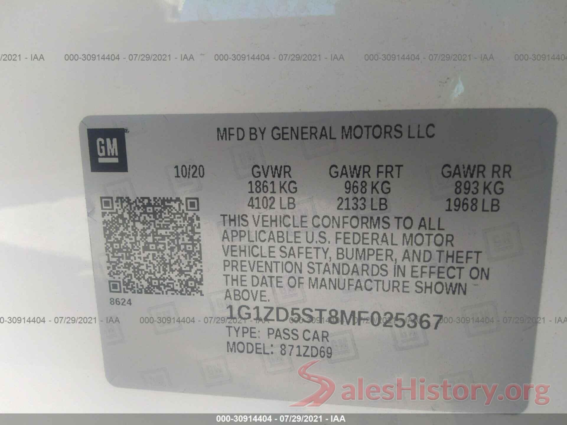 1G1ZD5ST8MF025367 2021 CHEVROLET MALIBU