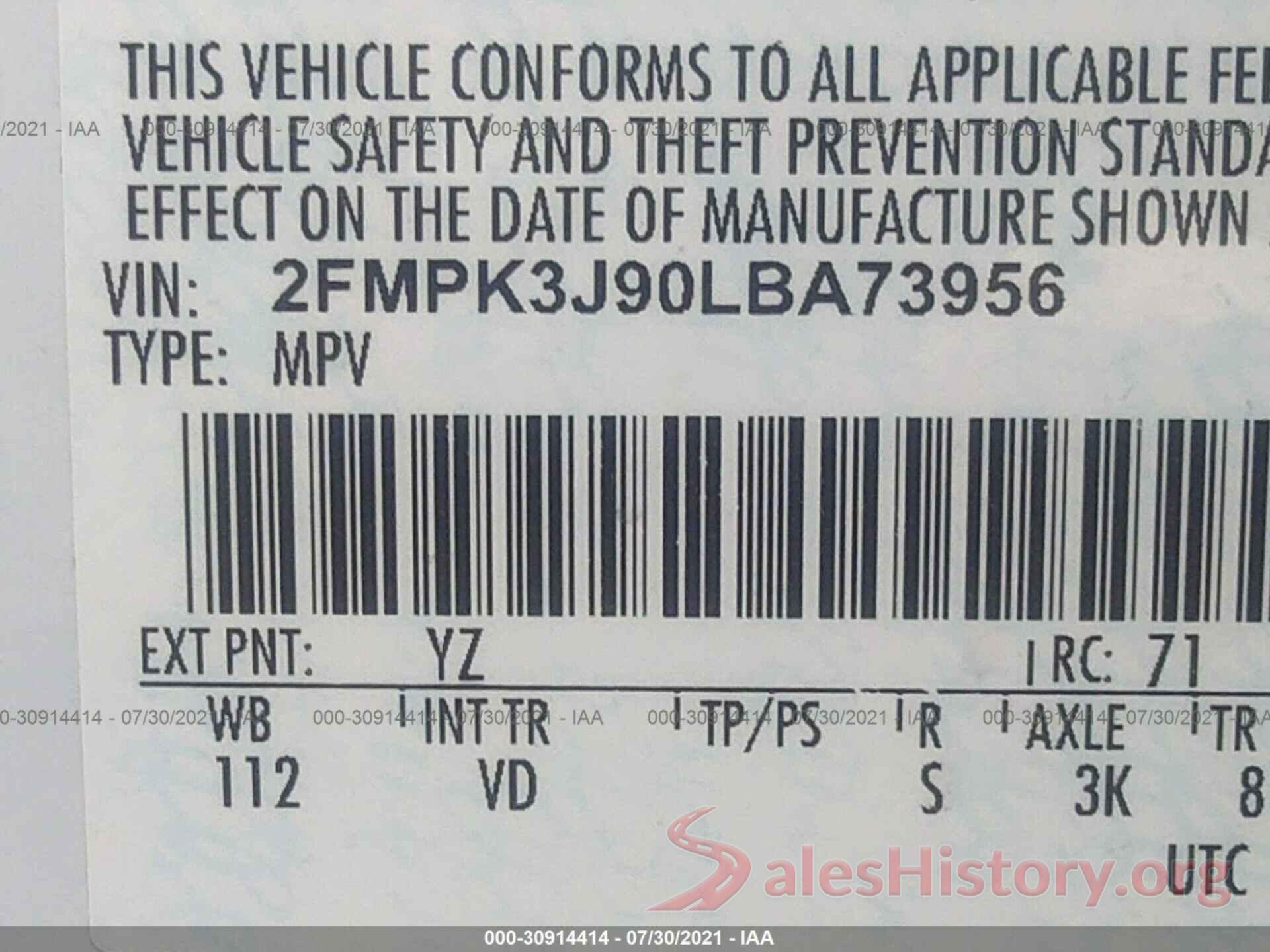 2FMPK3J90LBA73956 2020 FORD EDGE