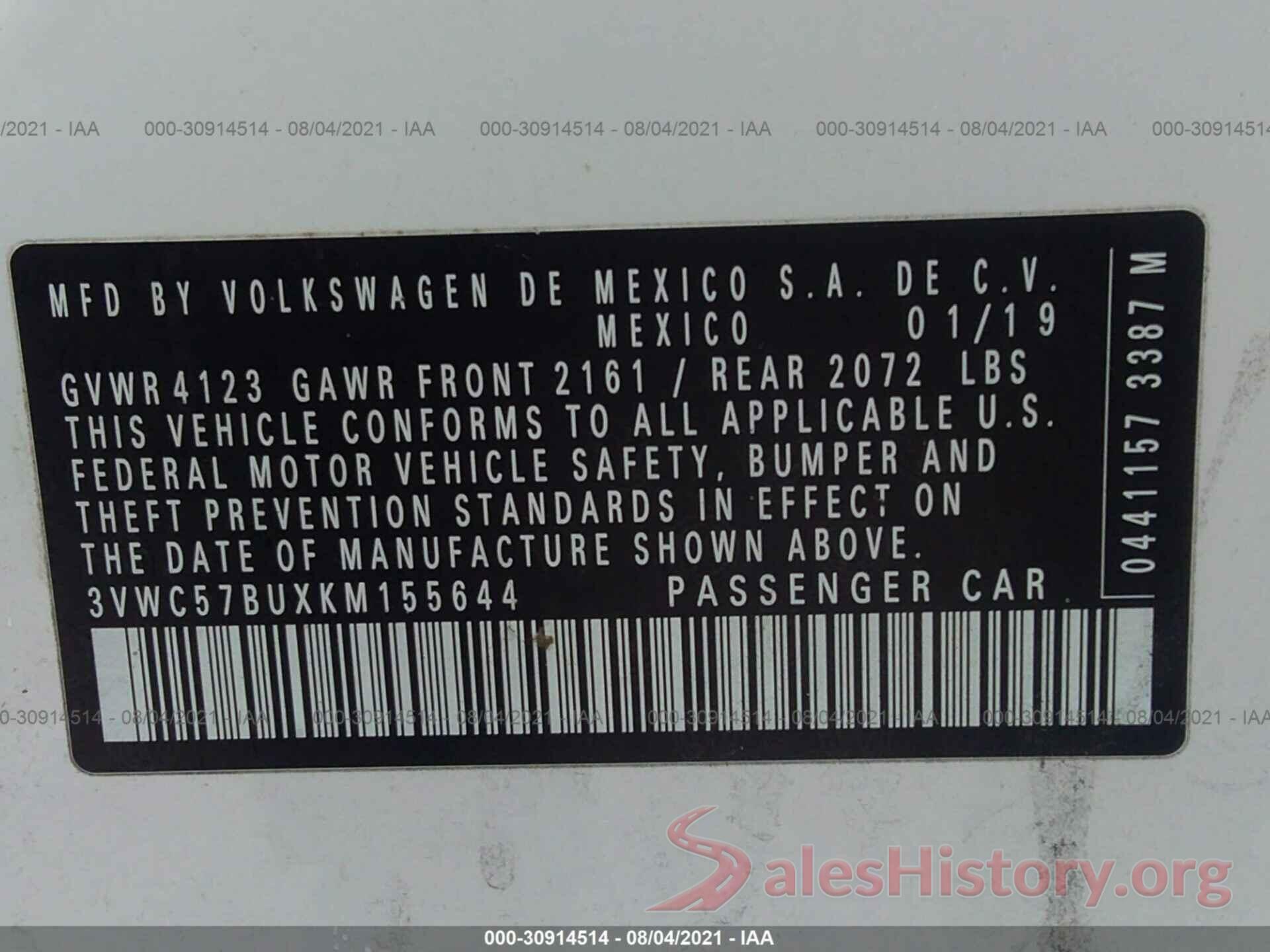 3VWC57BUXKM155644 2019 VOLKSWAGEN JETTA