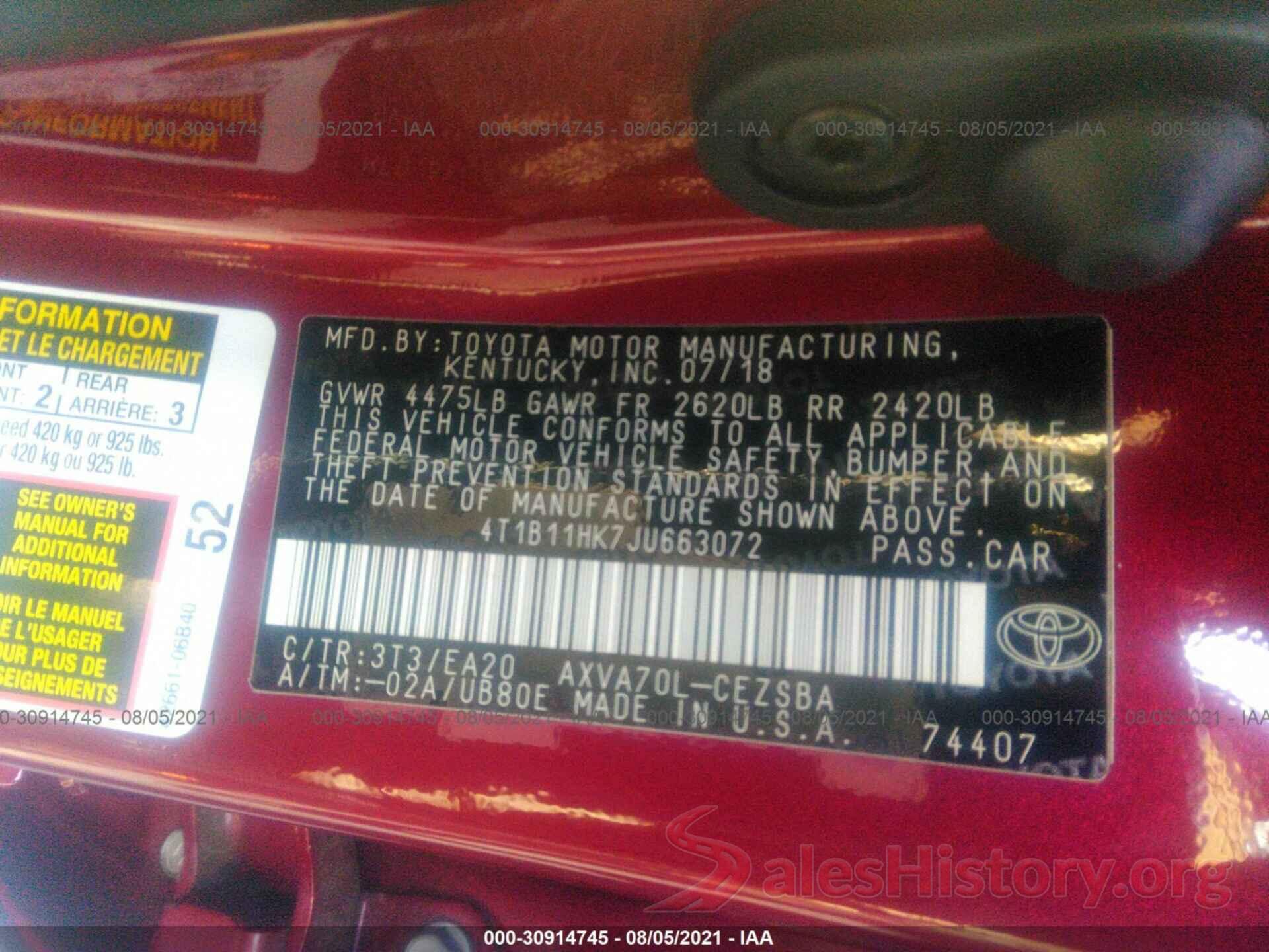 4T1B11HK7JU663072 2018 TOYOTA CAMRY