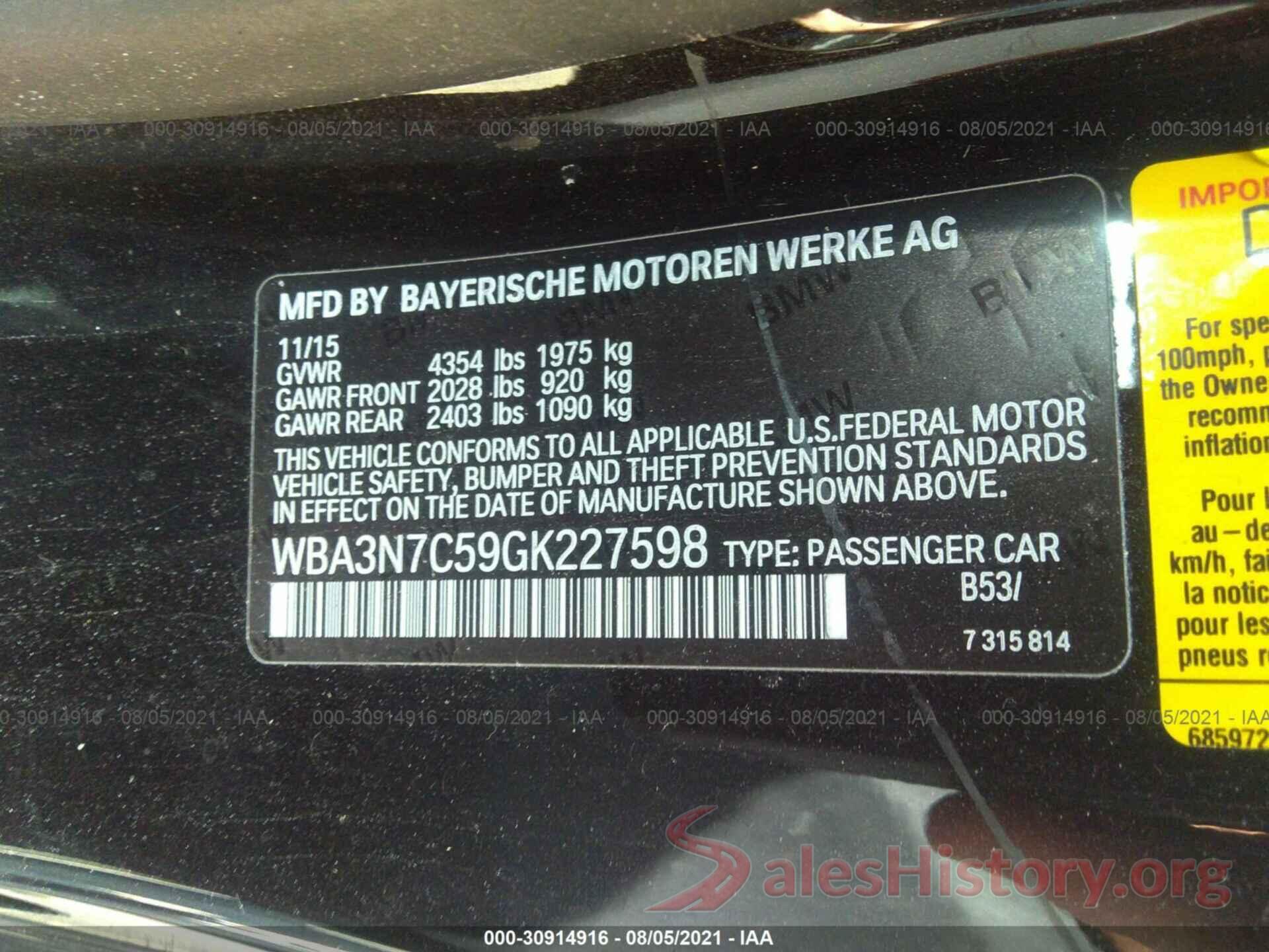 WBA3N7C59GK227598 2016 BMW 4 SERIES