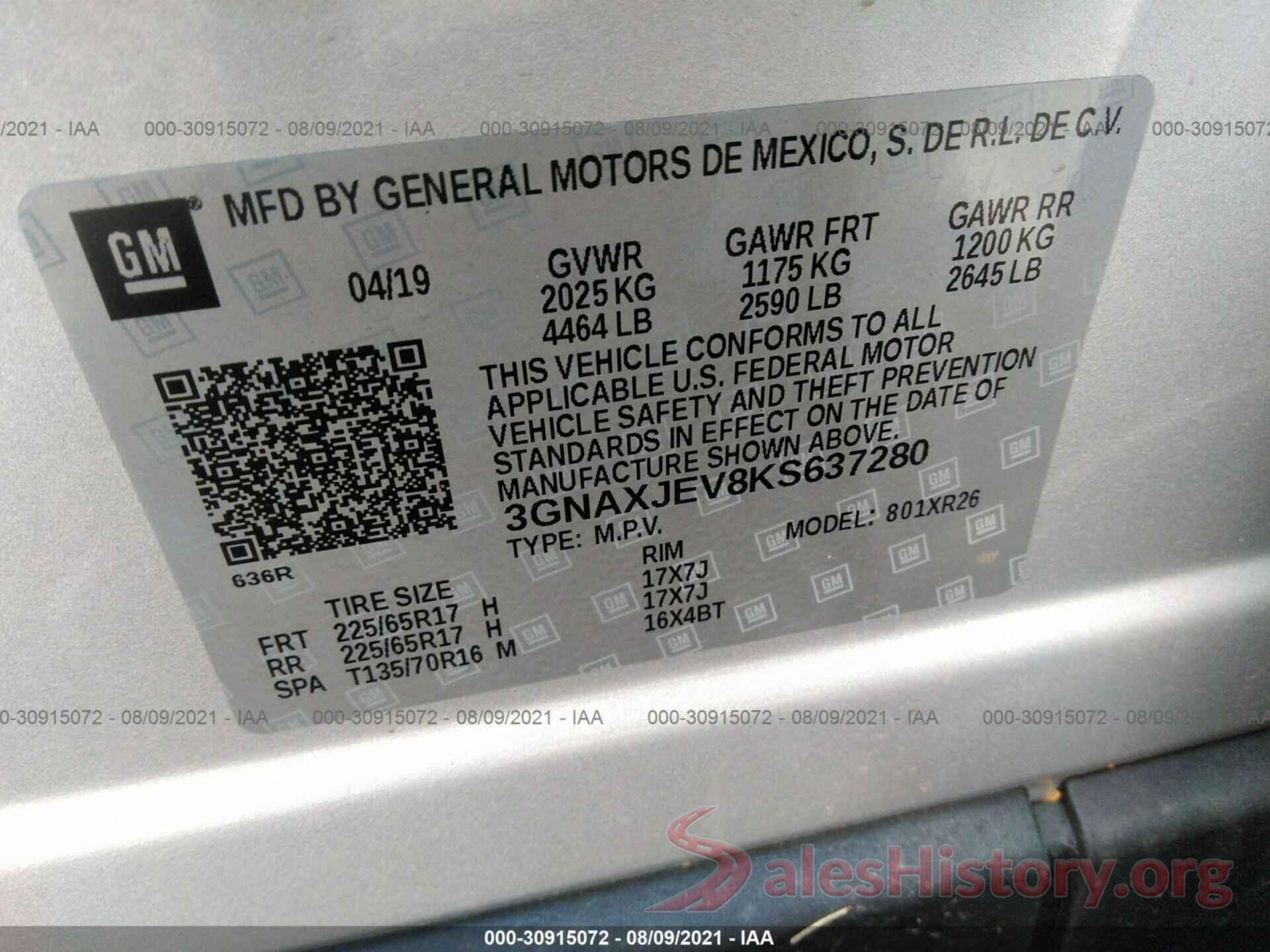 3GNAXJEV8KS637280 2019 CHEVROLET EQUINOX