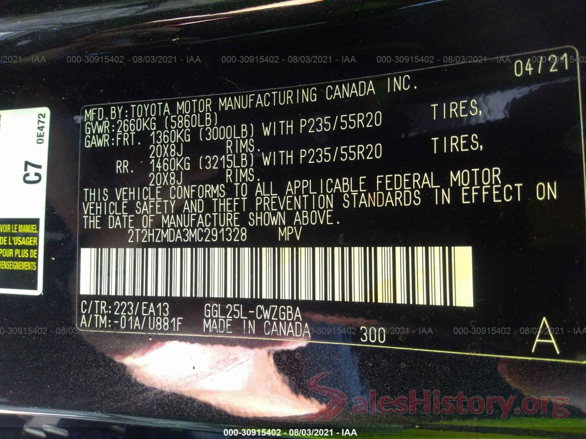 2T2HZMDA3MC291328 2021 LEXUS RX