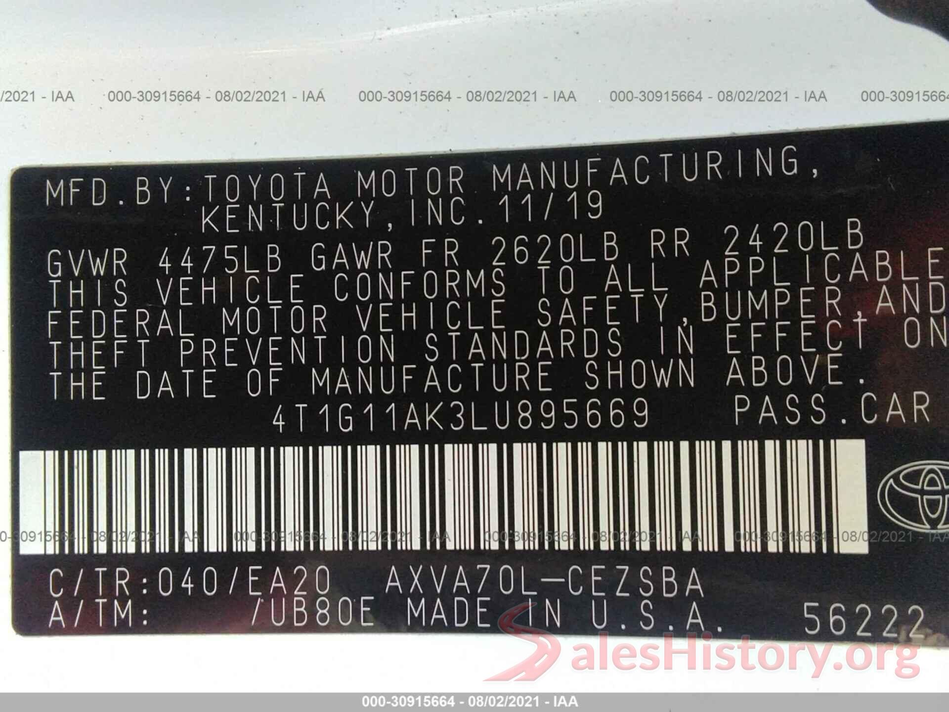 4T1G11AK3LU895669 2020 TOYOTA CAMRY