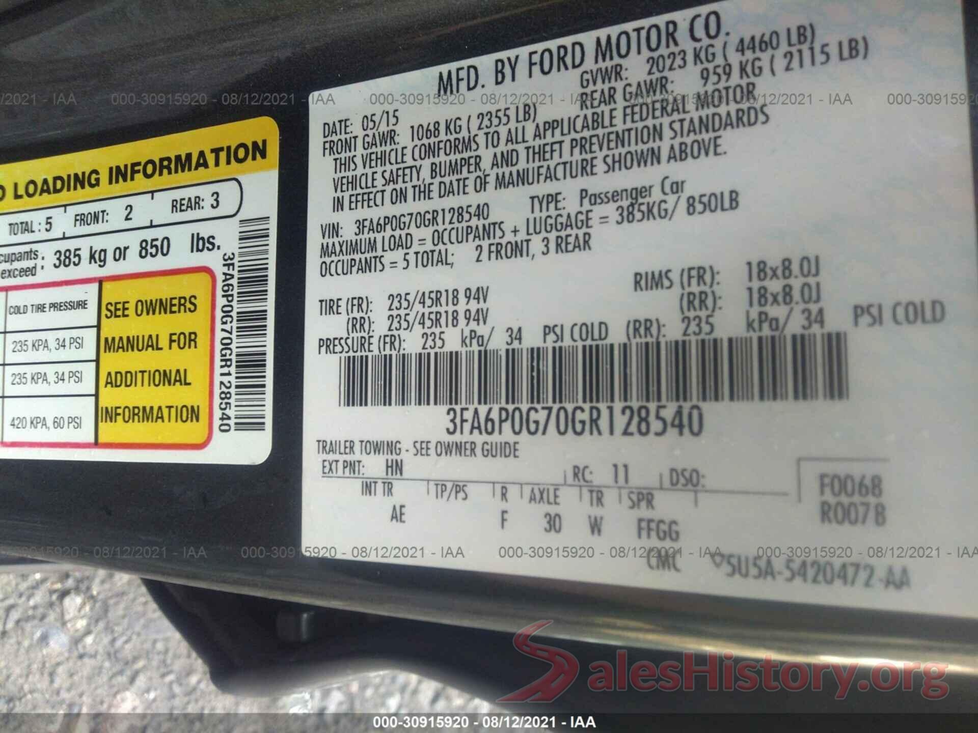 3FA6P0G70GR128540 2016 FORD FUSION