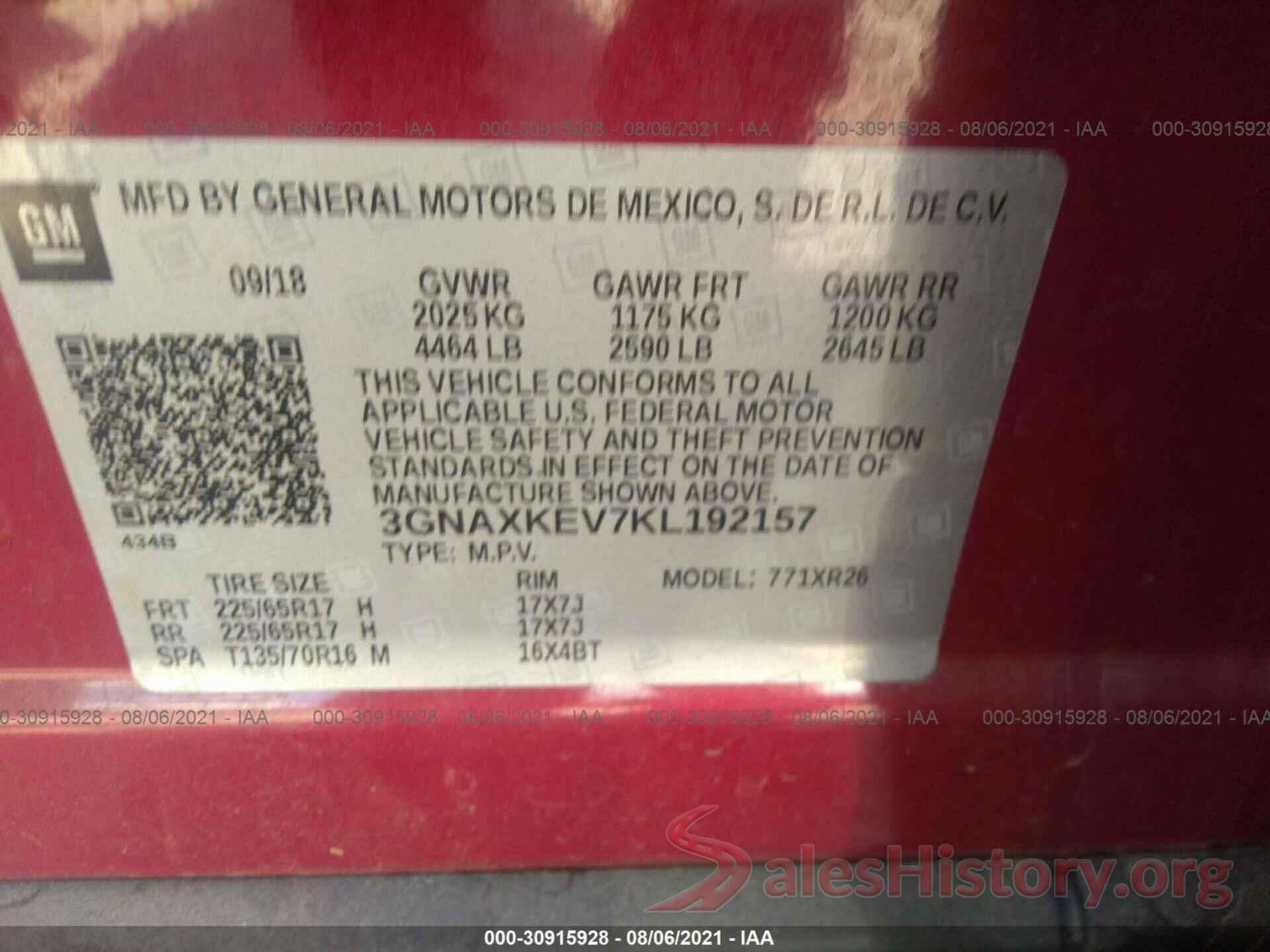 3GNAXKEV7KL192157 2019 CHEVROLET EQUINOX