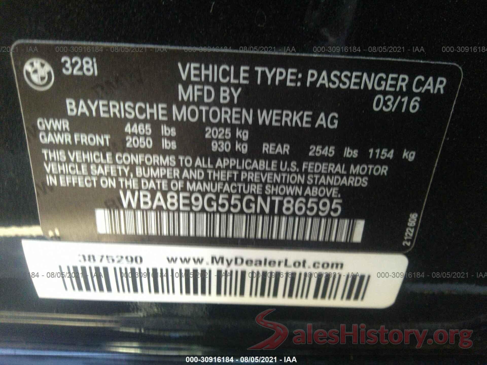 WBA8E9G55GNT86595 2016 BMW 3 SERIES