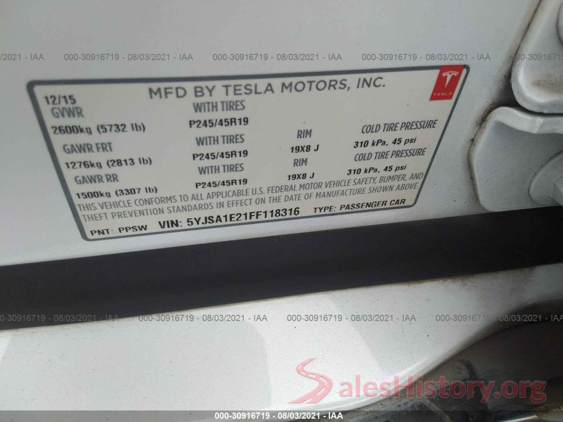 5YJSA1E21FF118316 2015 TESLA MODEL S