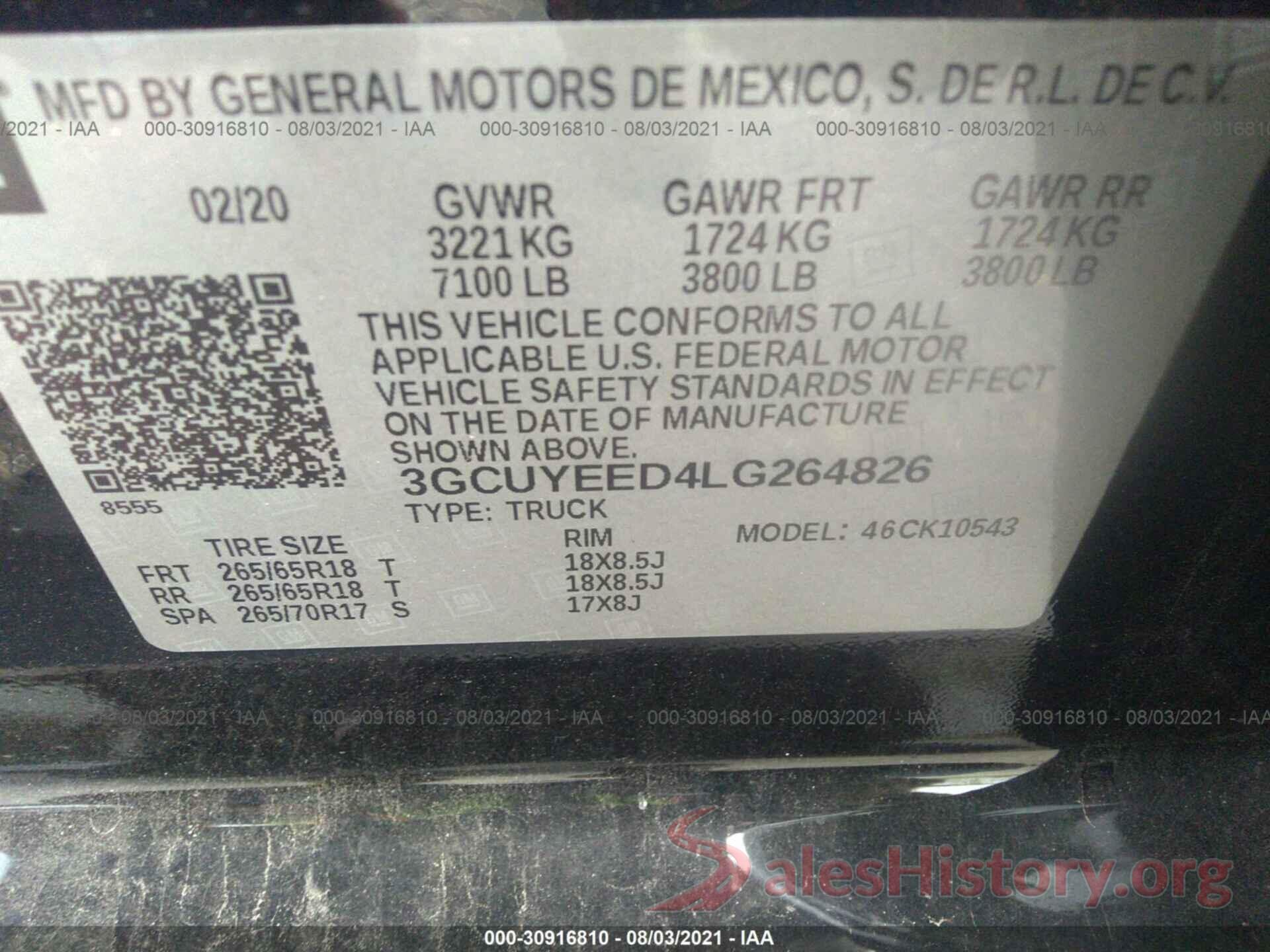 3GCUYEED4LG264826 2020 CHEVROLET SILVERADO 1500