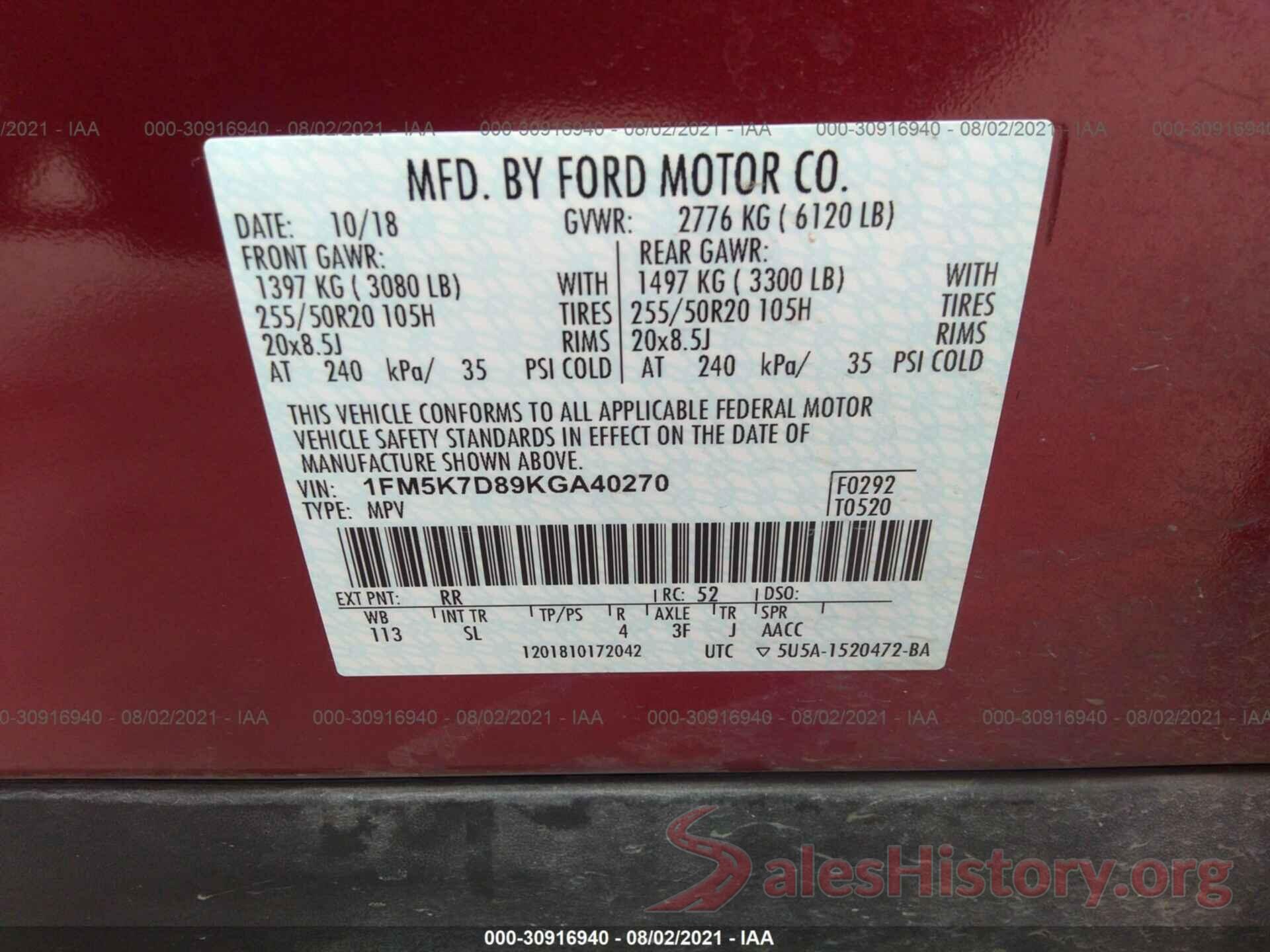 1FM5K7D89KGA40270 2019 FORD EXPLORER