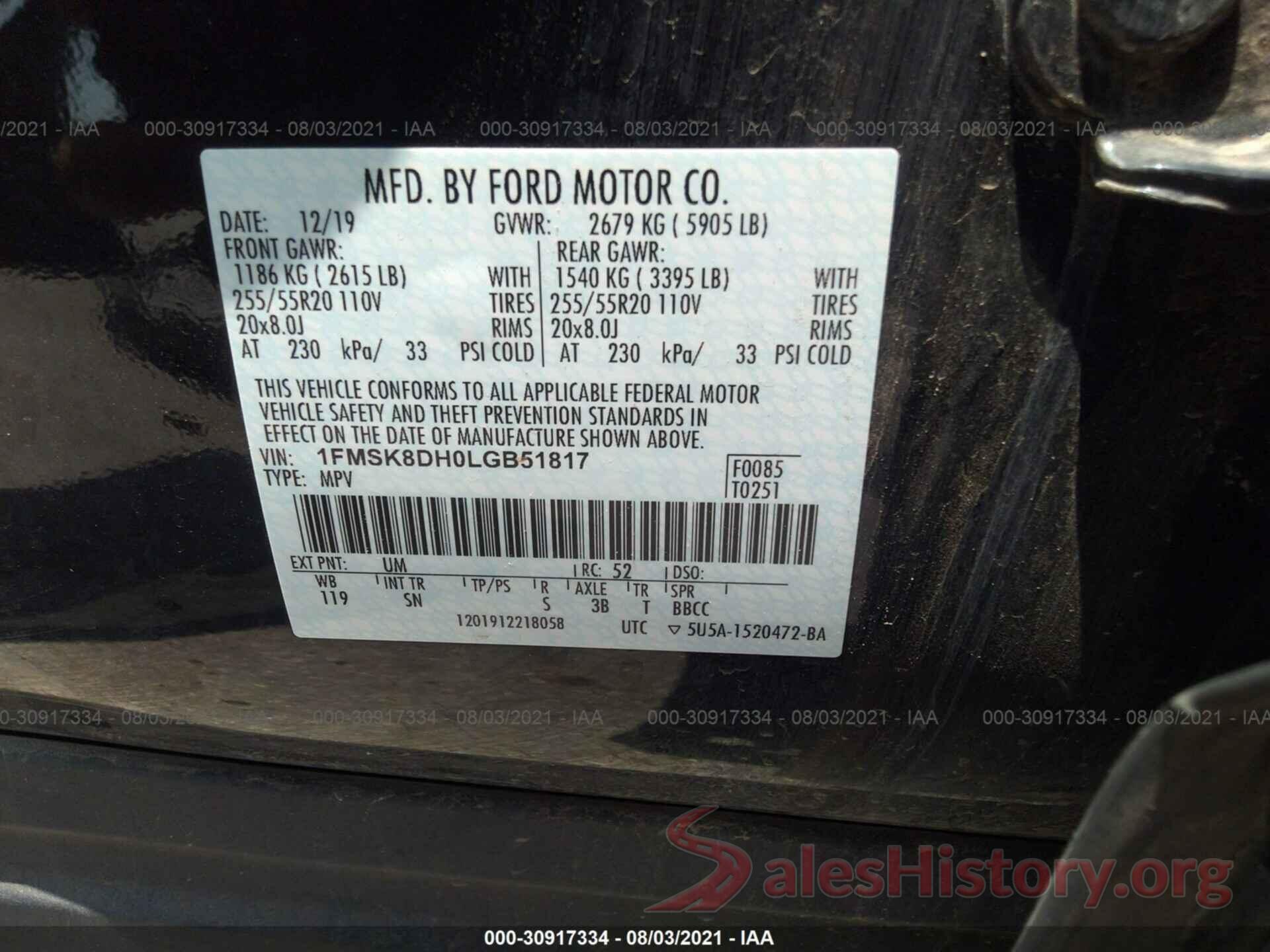 1FMSK8DH0LGB51817 2020 FORD EXPLORER