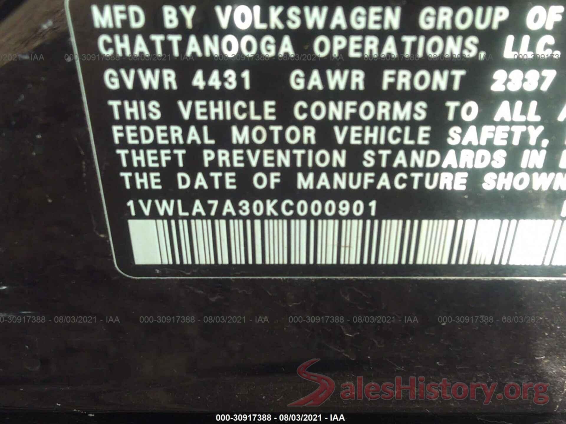 1VWLA7A30KC000901 2019 VOLKSWAGEN PASSAT