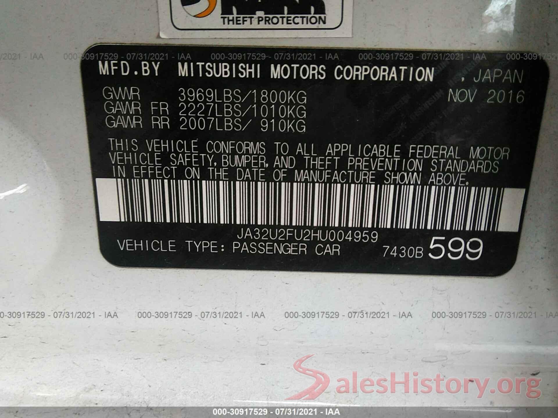 JA32U2FU2HU004959 2017 MITSUBISHI LANCER