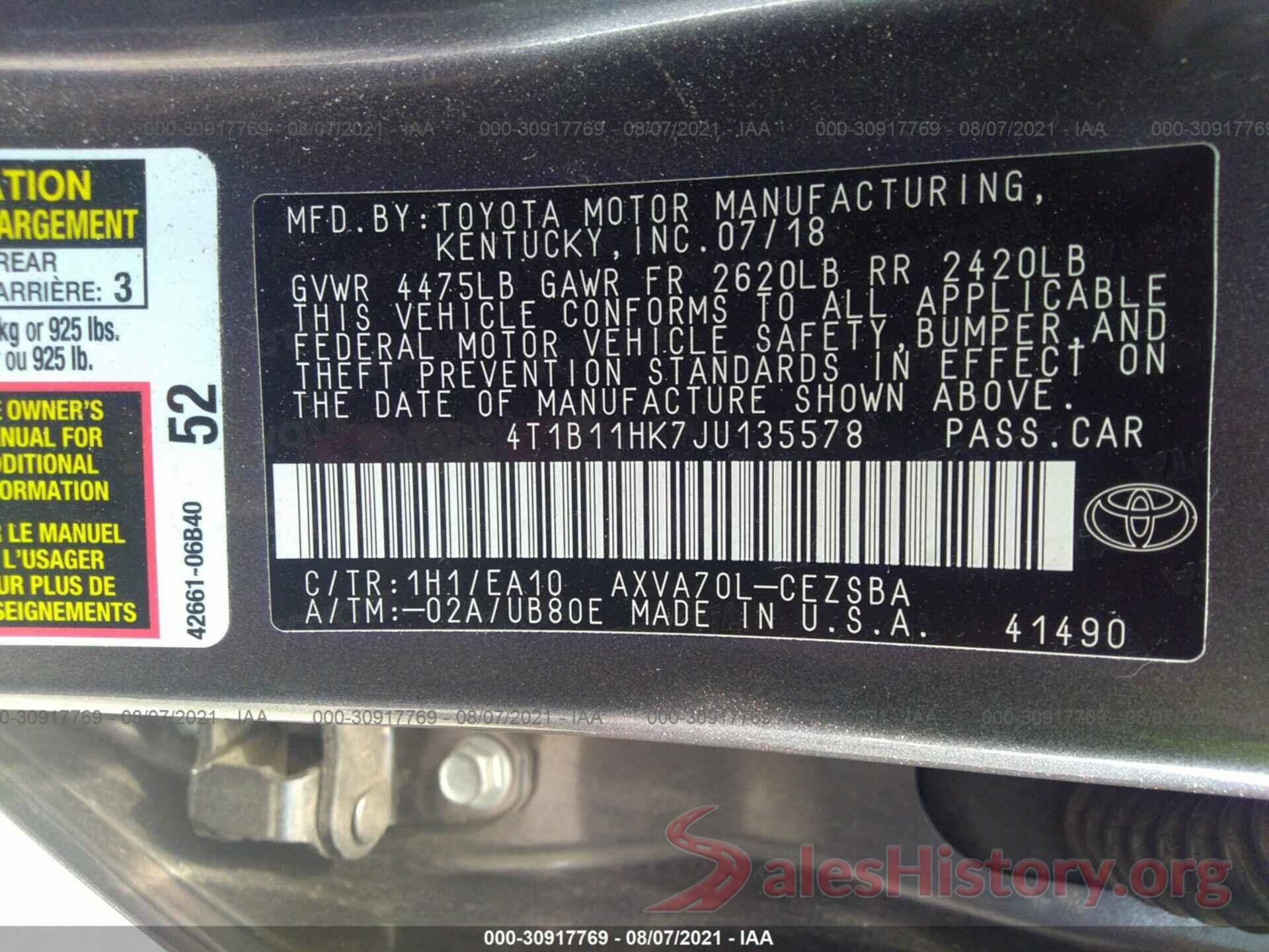 4T1B11HK7JU135578 2018 TOYOTA CAMRY