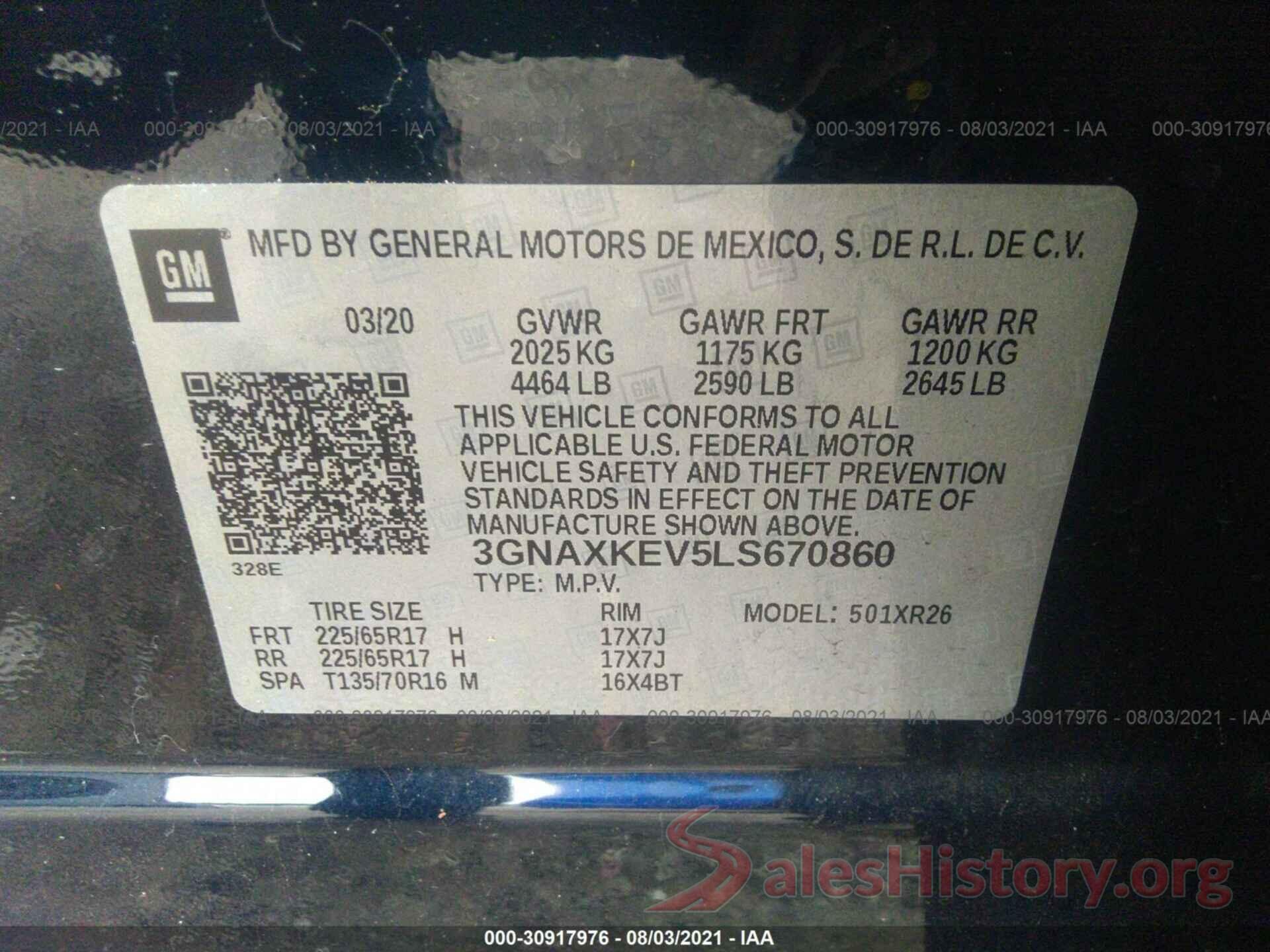 3GNAXKEV5LS670860 2020 CHEVROLET EQUINOX