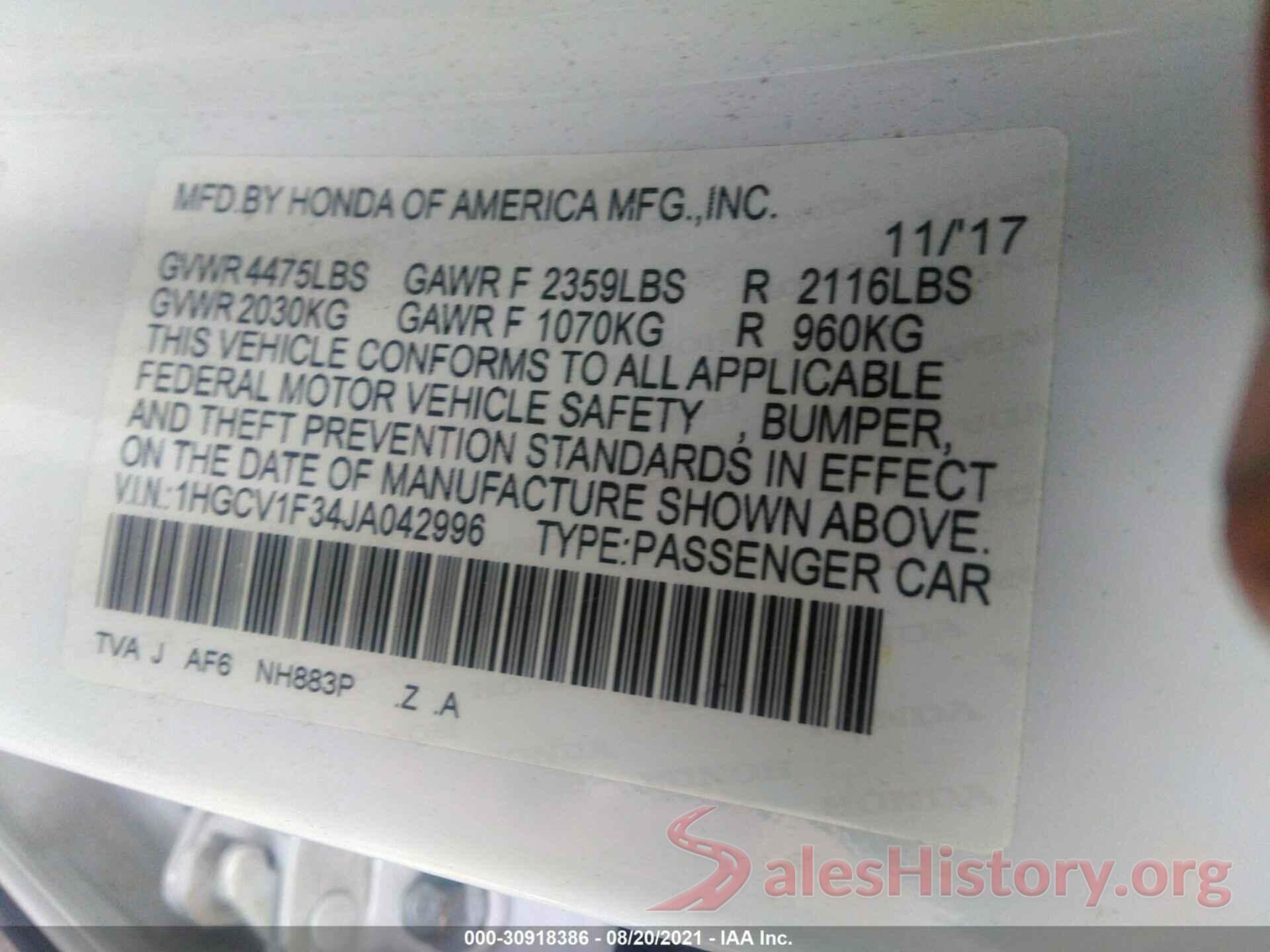 1HGCV1F34JA042996 2018 HONDA ACCORD SEDAN