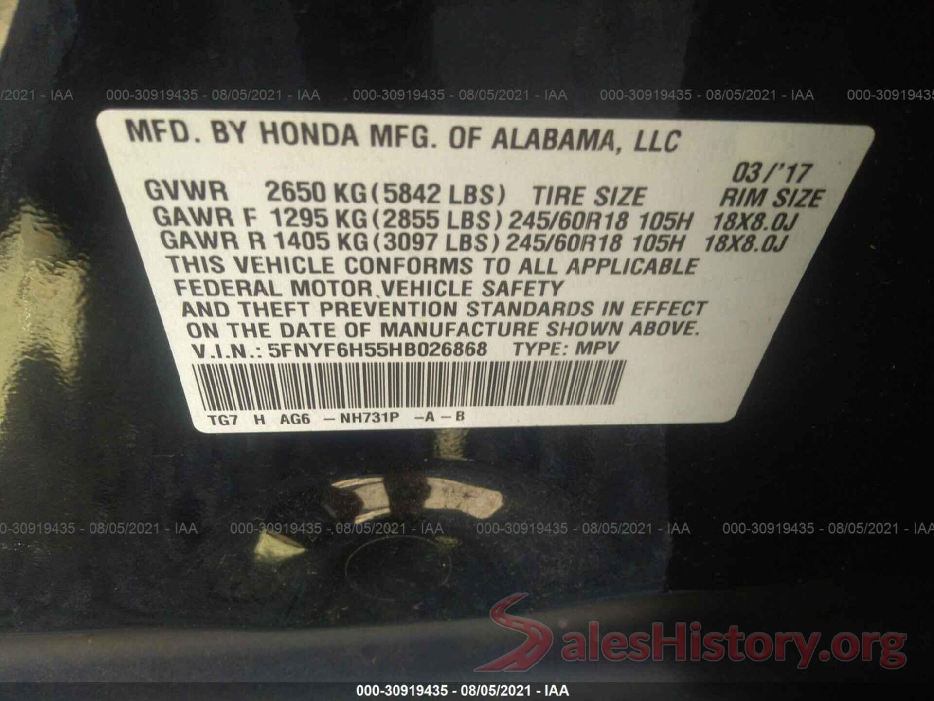 5FNYF6H55HB026868 2017 HONDA PILOT