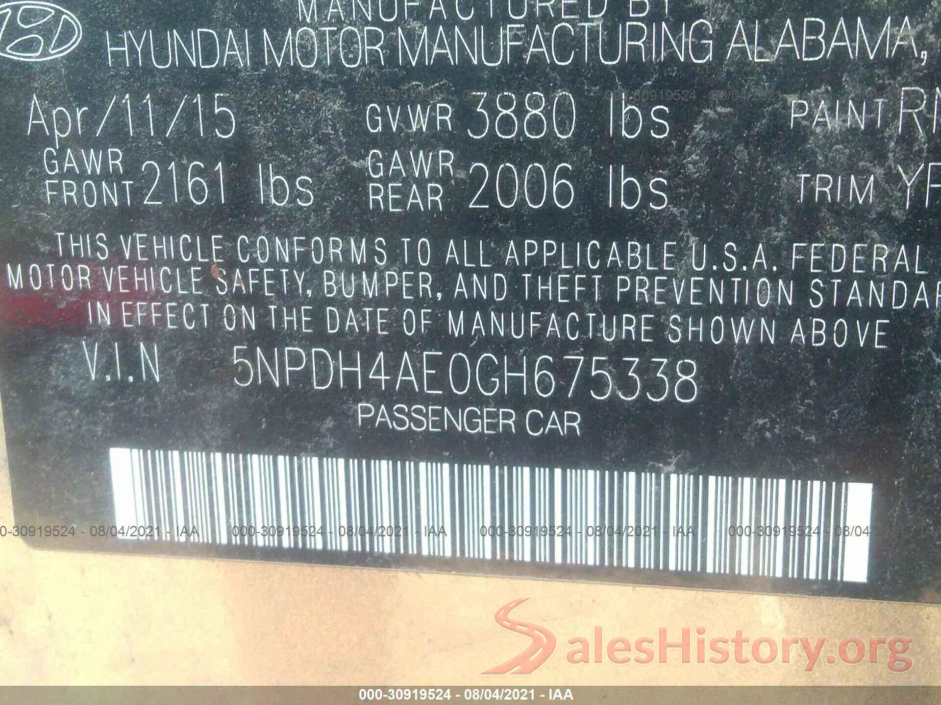 5NPDH4AE0GH675338 2016 HYUNDAI ELANTRA