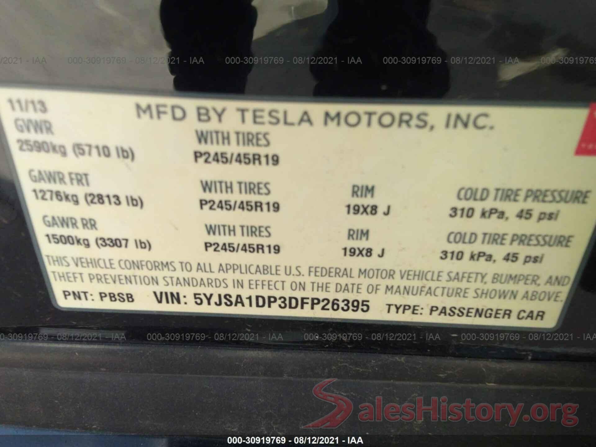 5YJSA1DP3DFP26395 2013 TESLA MODEL S