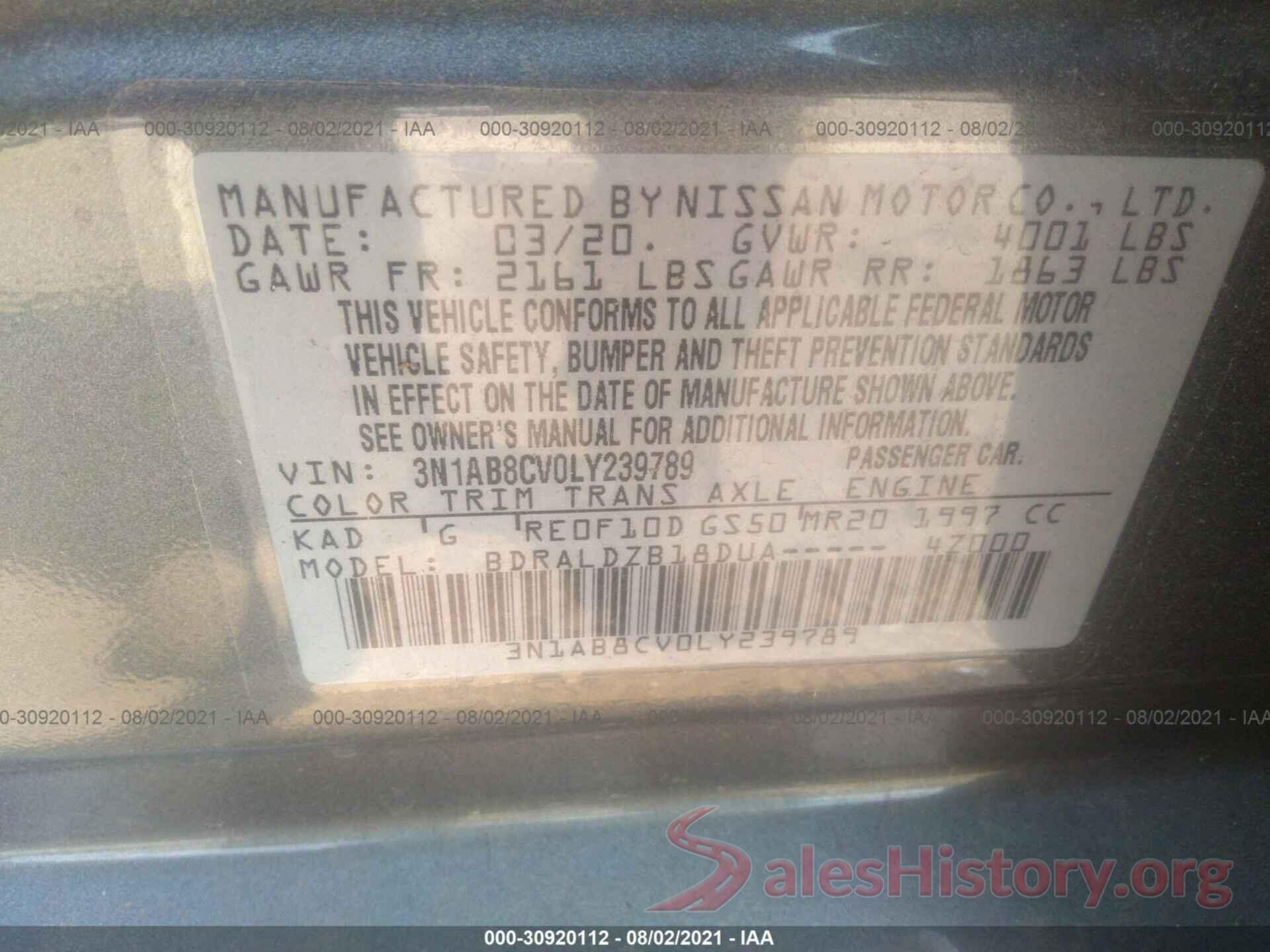 3N1AB8CV0LY239789 2020 NISSAN SENTRA