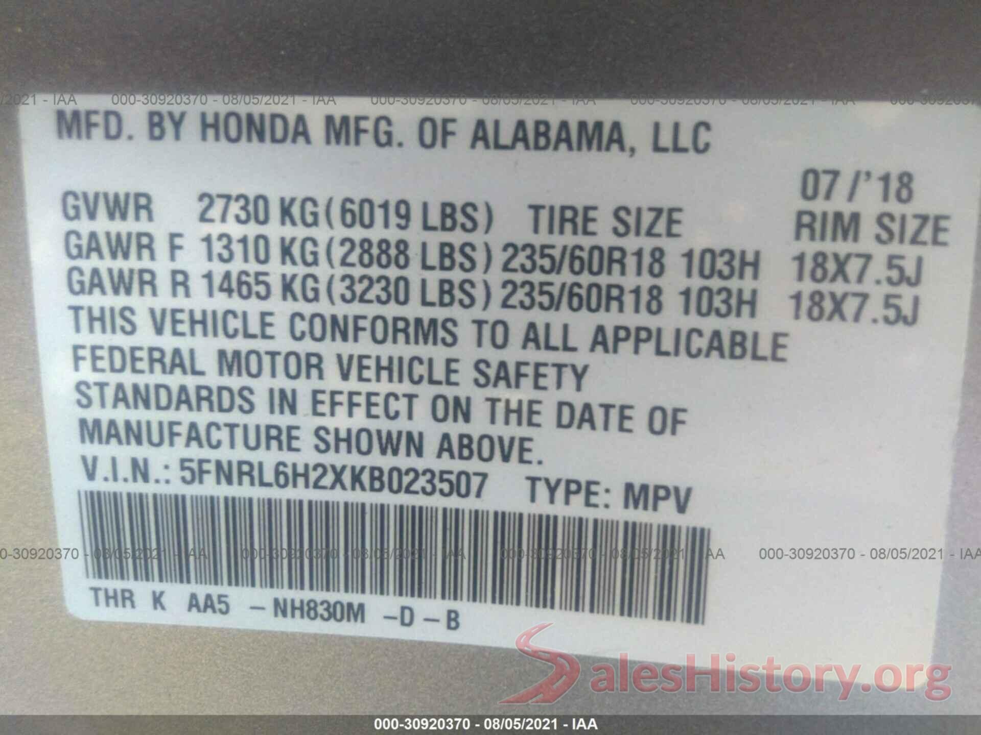 5FNRL6H2XKB023507 2019 HONDA ODYSSEY