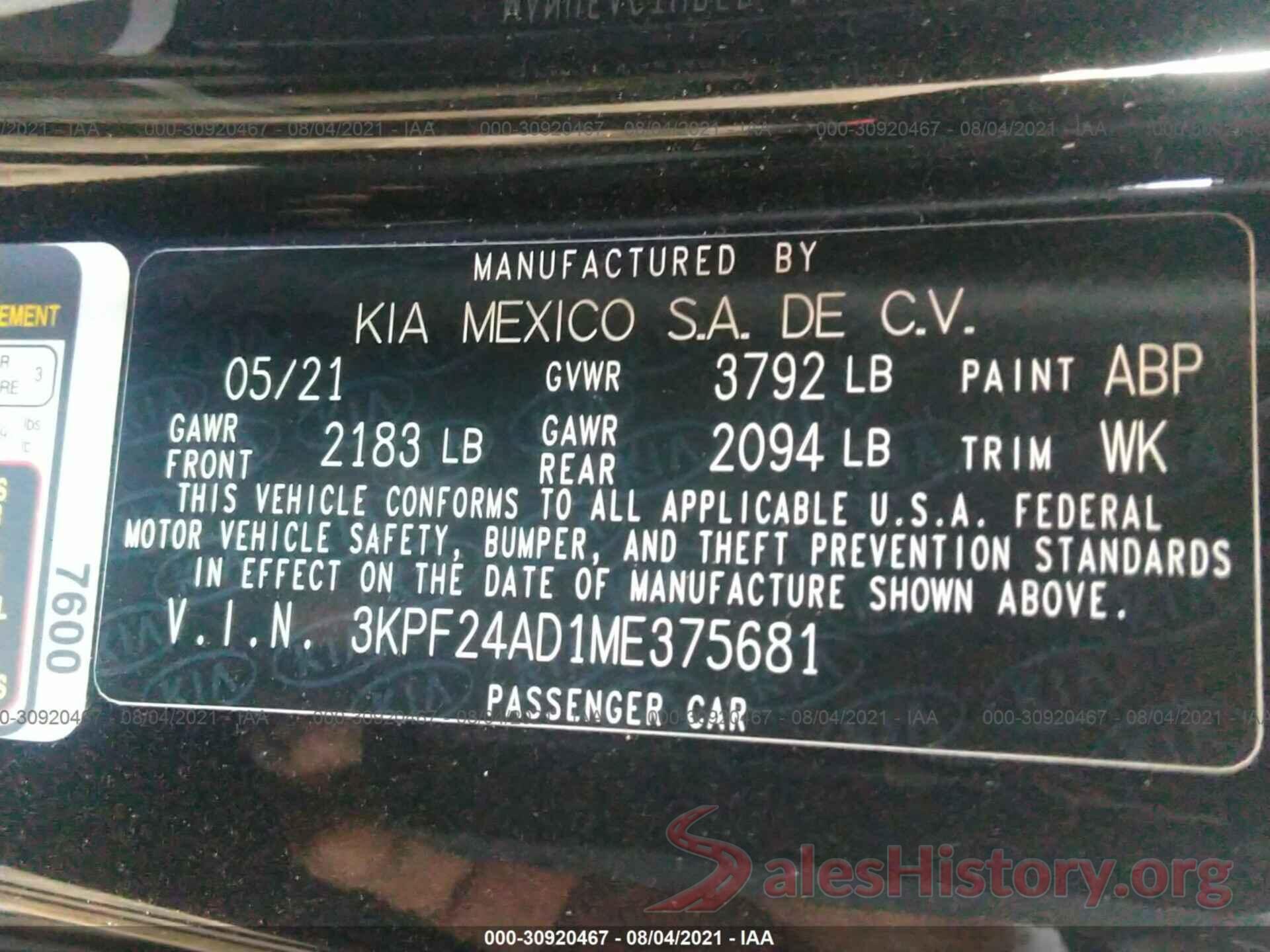 3KPF24AD1ME375681 2021 KIA FORTE