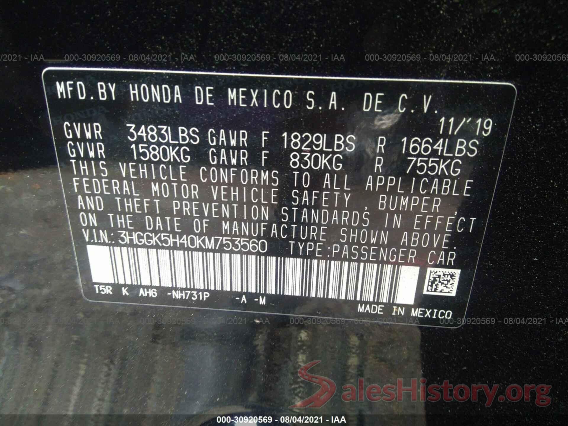 3HGGK5H40KM753560 2019 HONDA FIT