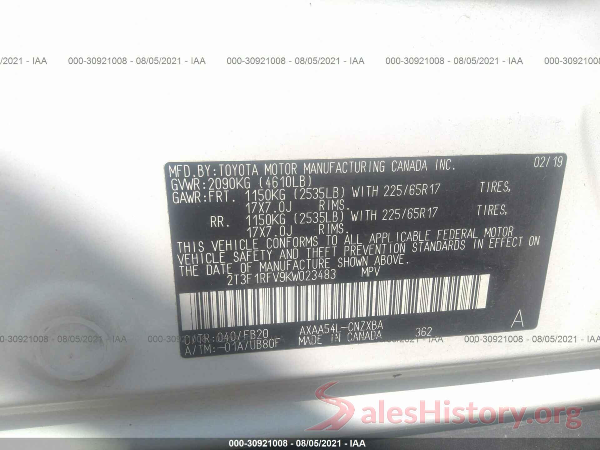 2T3F1RFV9KW023483 2019 TOYOTA RAV4