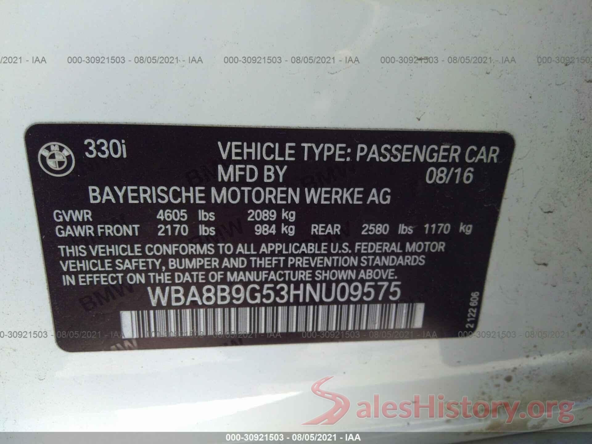 WBA8B9G53HNU09575 2017 BMW 3 SERIES