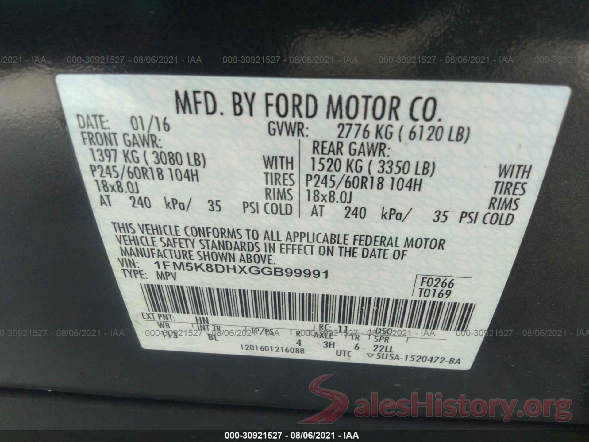 1FM5K8DHXGGB99991 2016 FORD EXPLORER