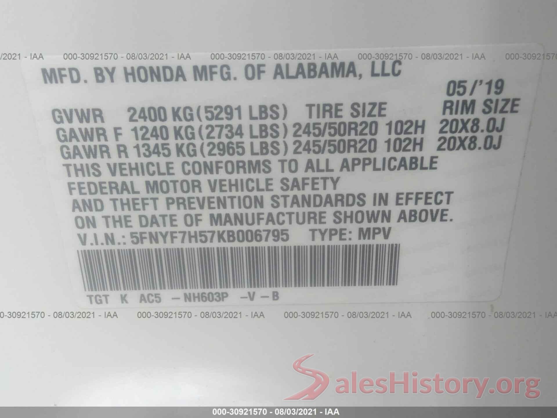 5FNYF7H57KB006795 2019 HONDA PASSPORT