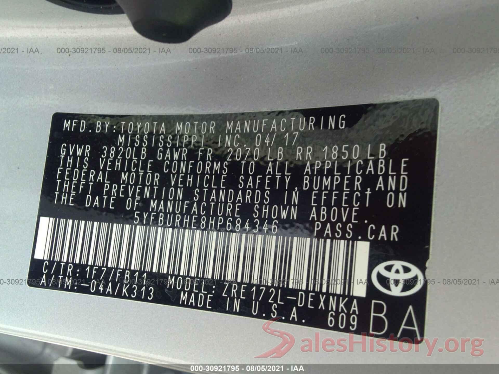 5YFBURHE8HP684346 2017 TOYOTA COROLLA