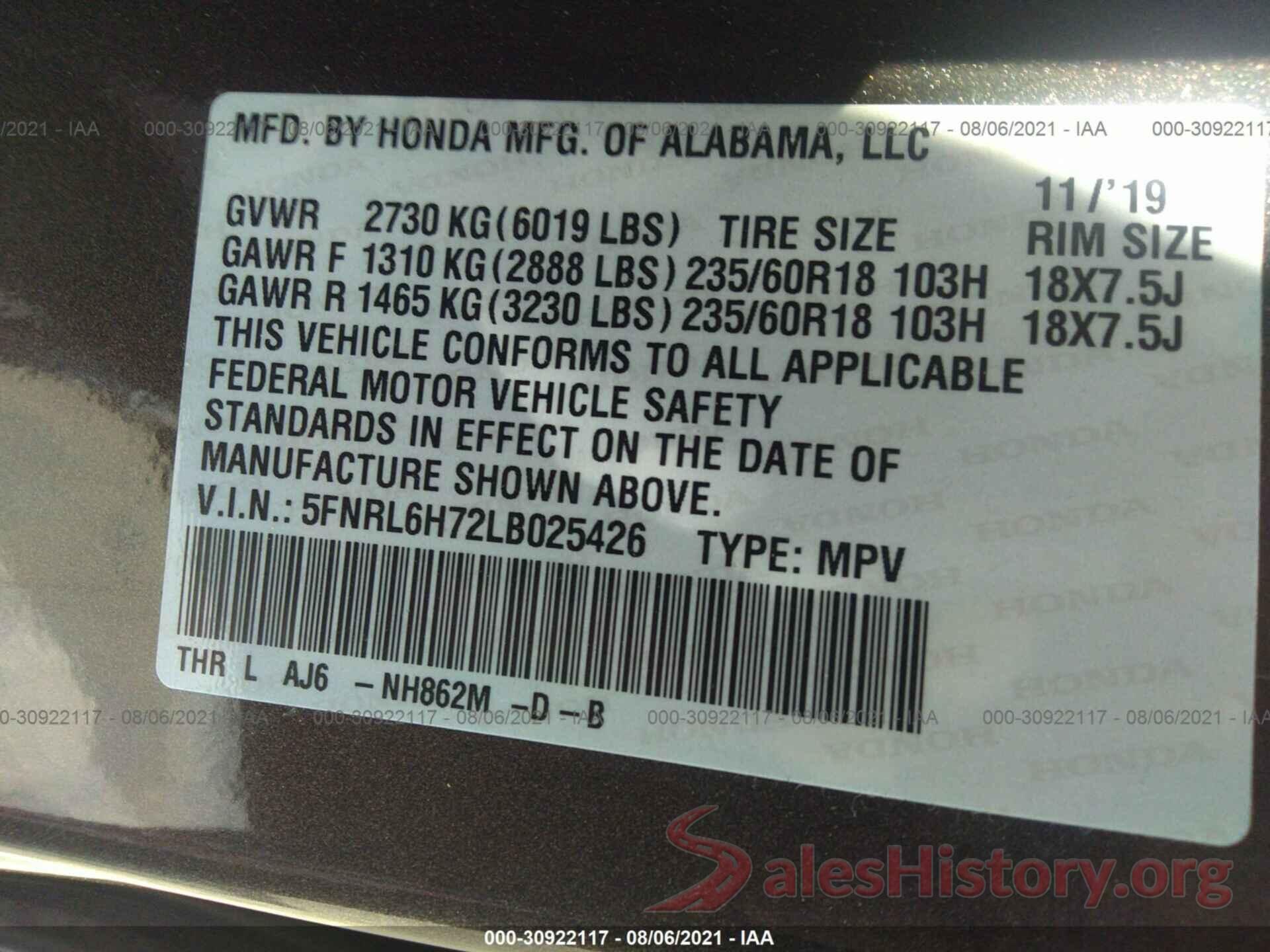 5FNRL6H72LB025426 2020 HONDA ODYSSEY