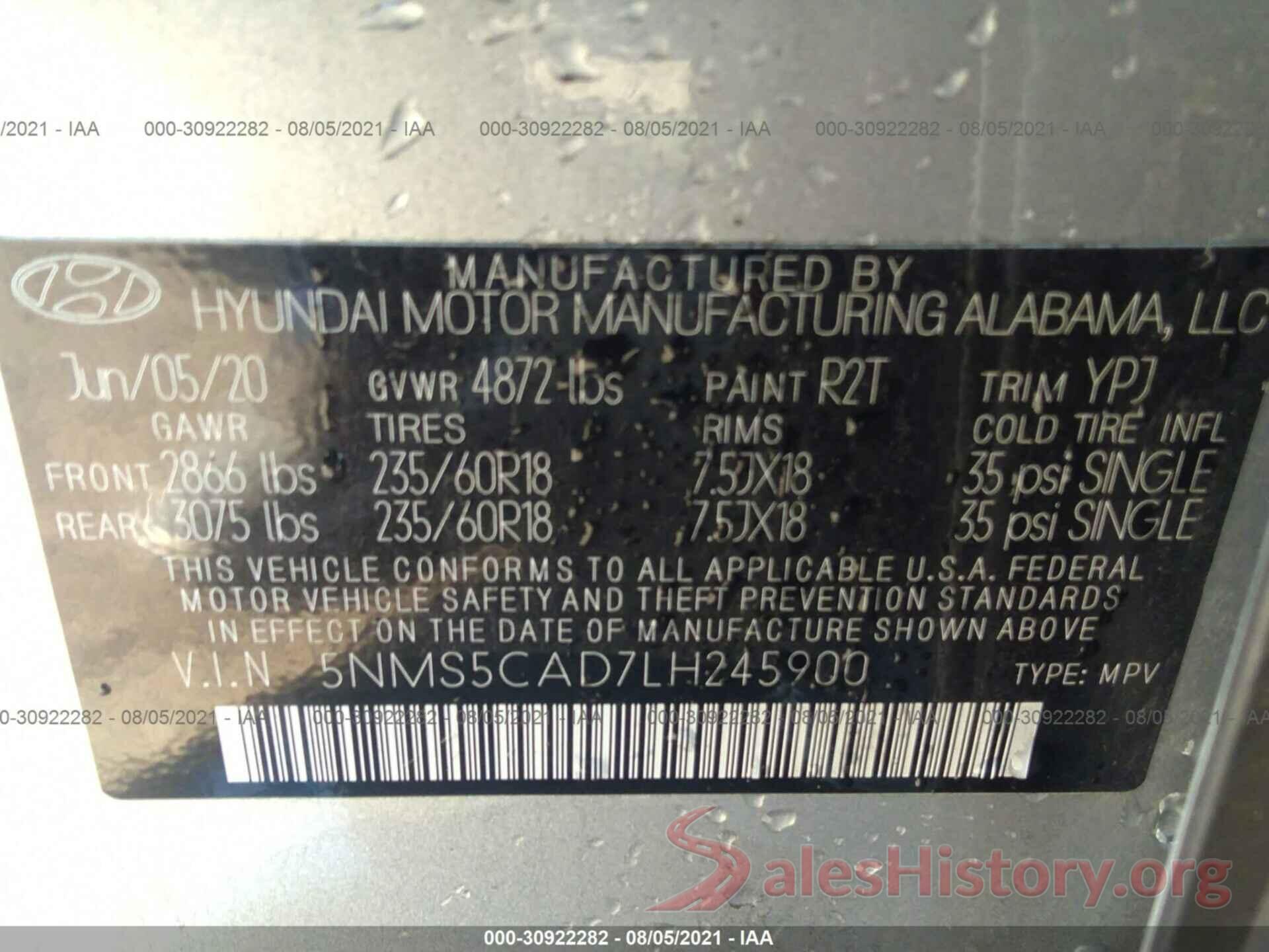 5NMS5CAD7LH245900 2020 HYUNDAI SANTA FE