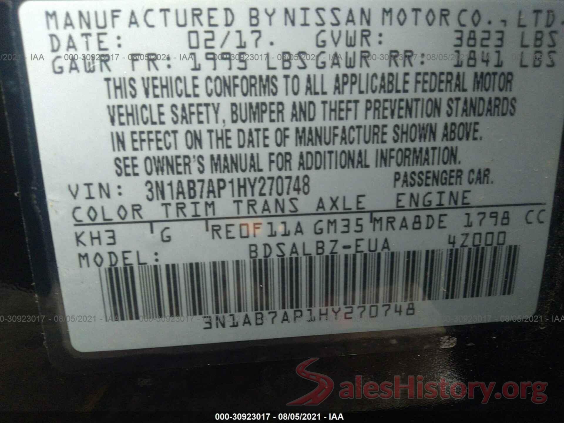 3N1AB7AP1HY270748 2017 NISSAN SENTRA