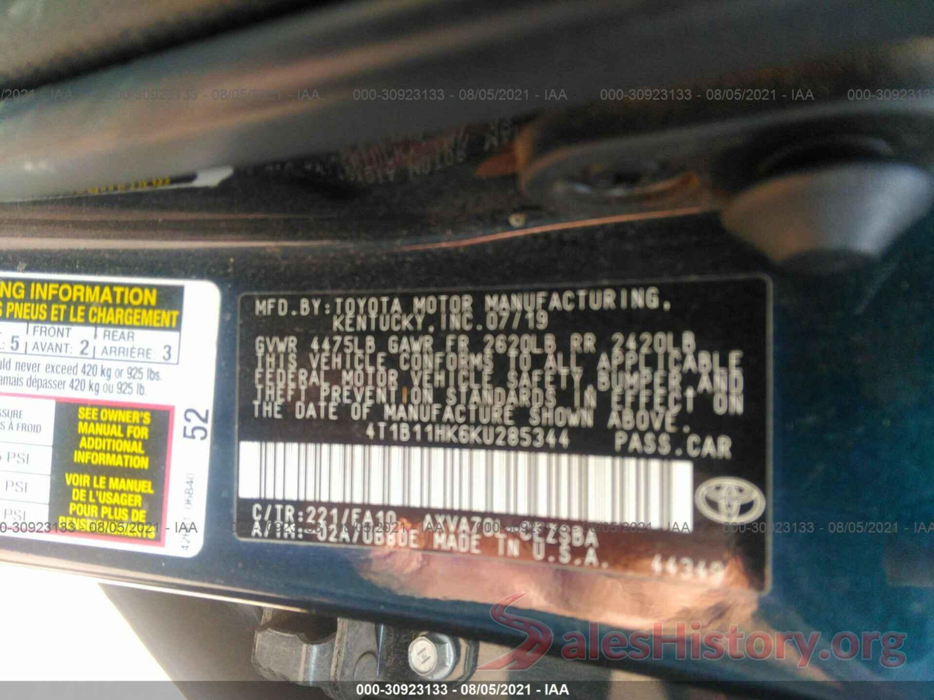 4T1B11HK6KU285344 2019 TOYOTA CAMRY