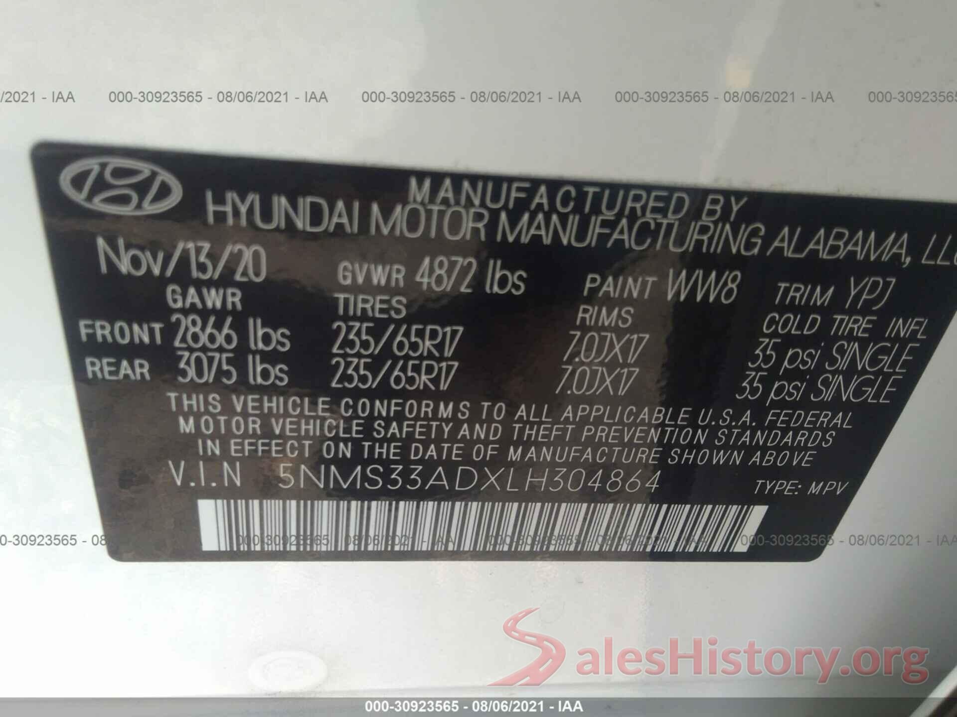 5NMS33ADXLH304864 2020 HYUNDAI SANTA FE