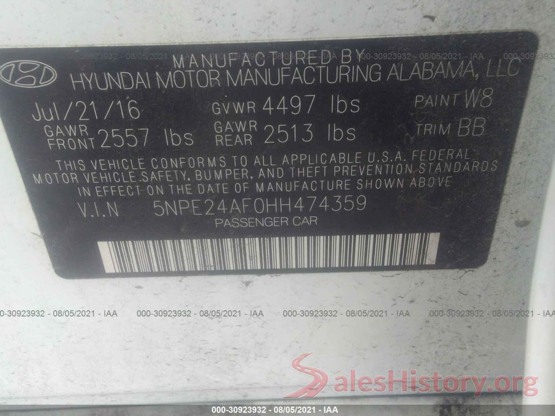 5NPE24AF0HH474359 2017 HYUNDAI SONATA