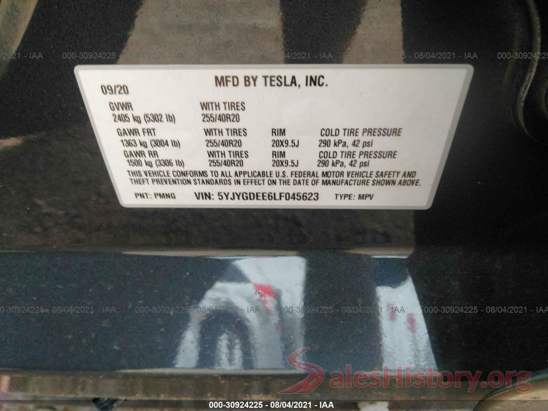 5YJYGDEE6LF045623 2020 TESLA MODEL Y