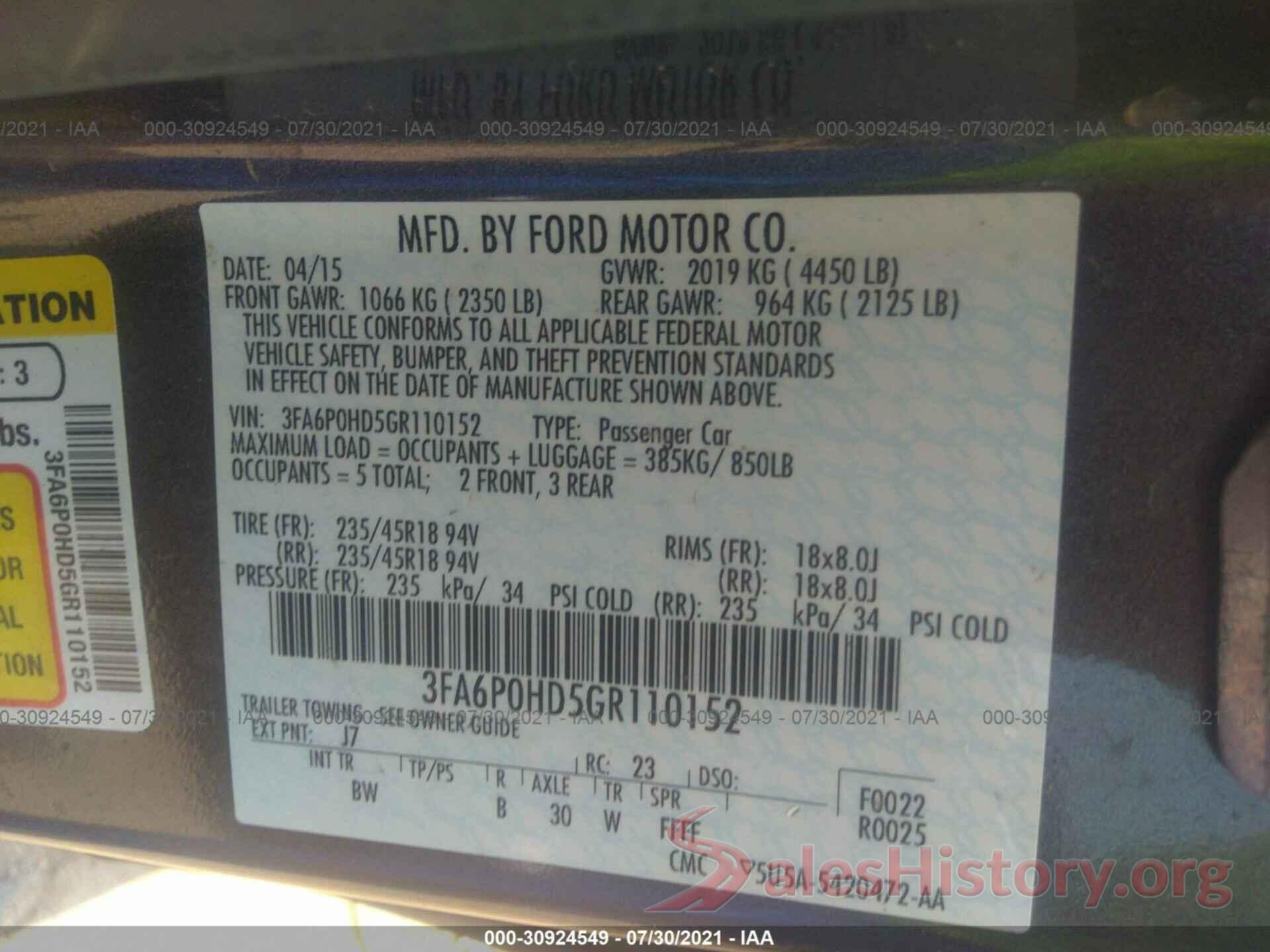 3FA6P0HD5GR110152 2016 FORD FUSION