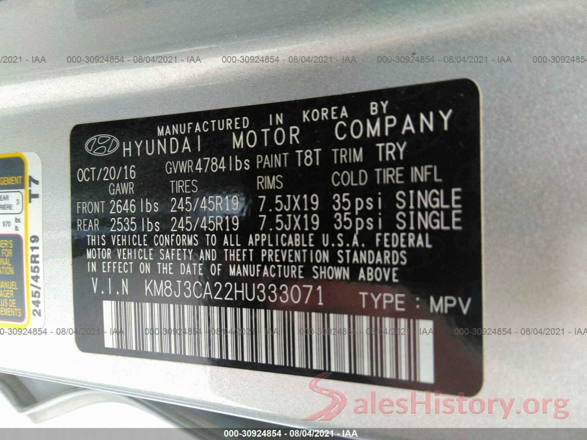 KM8J3CA22HU333071 2017 HYUNDAI TUCSON