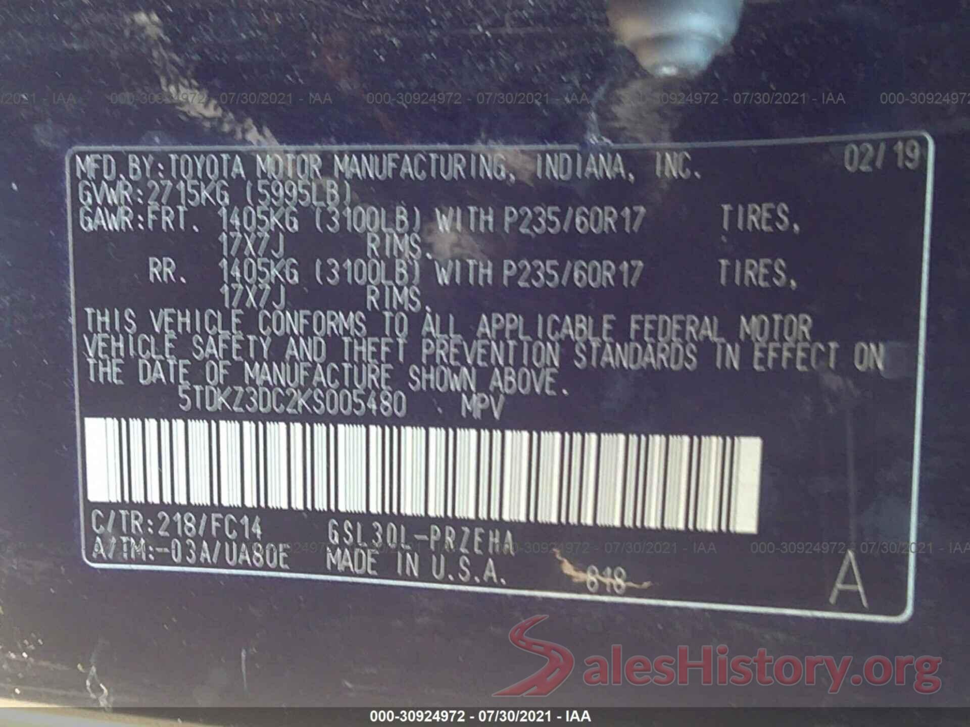 5TDKZ3DC2KS005480 2019 TOYOTA SIENNA