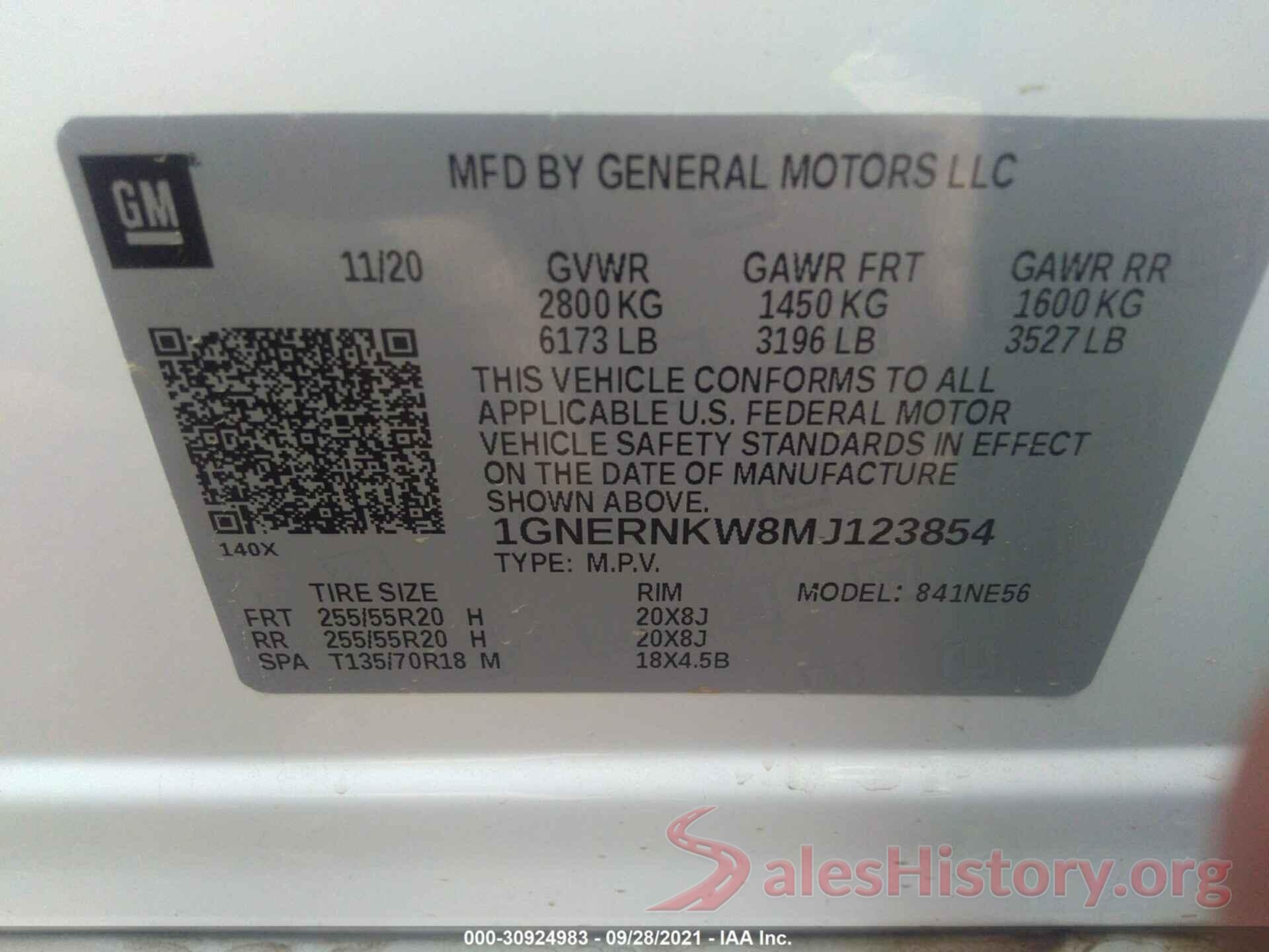 1GNERNKW8MJ123854 2021 CHEVROLET TRAVERSE