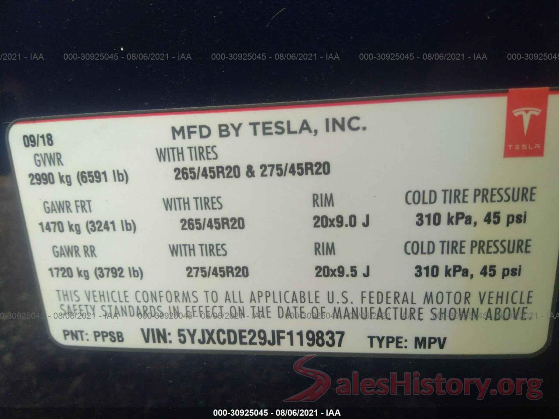 5YJXCDE29JF119837 2018 TESLA MODEL X