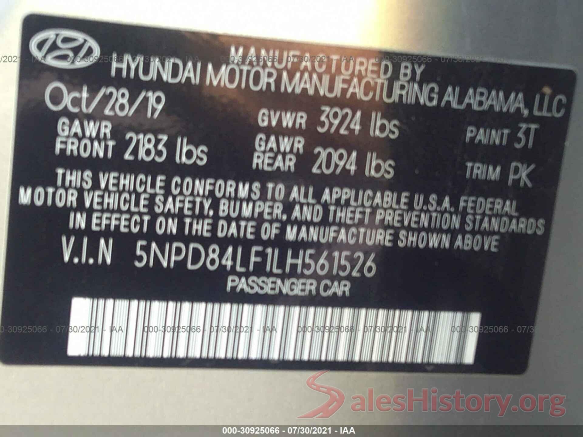 5NPD84LF1LH561526 2020 HYUNDAI ELANTRA